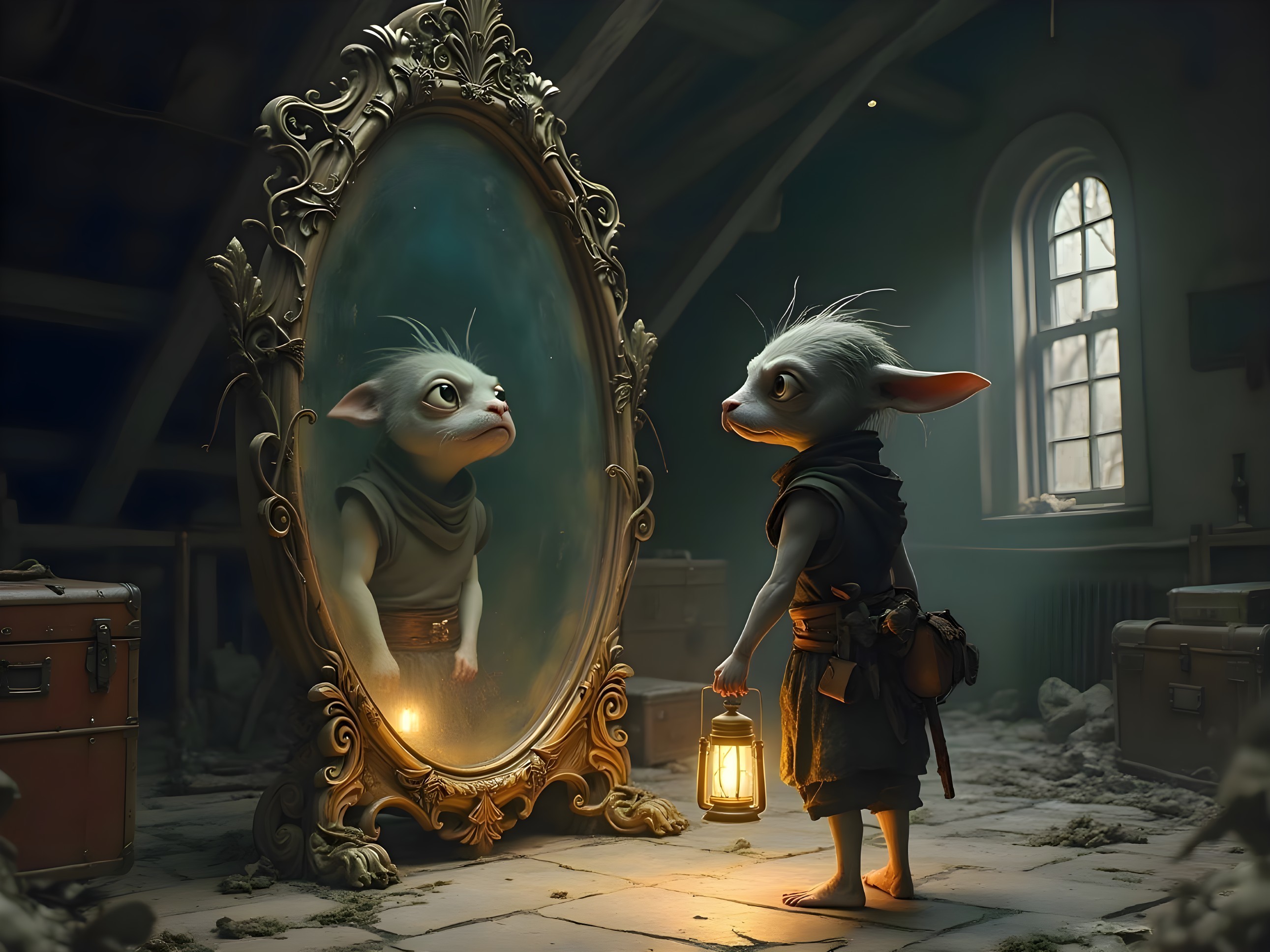 Whimsical Creature in Dimly Lit Attic with Mirror