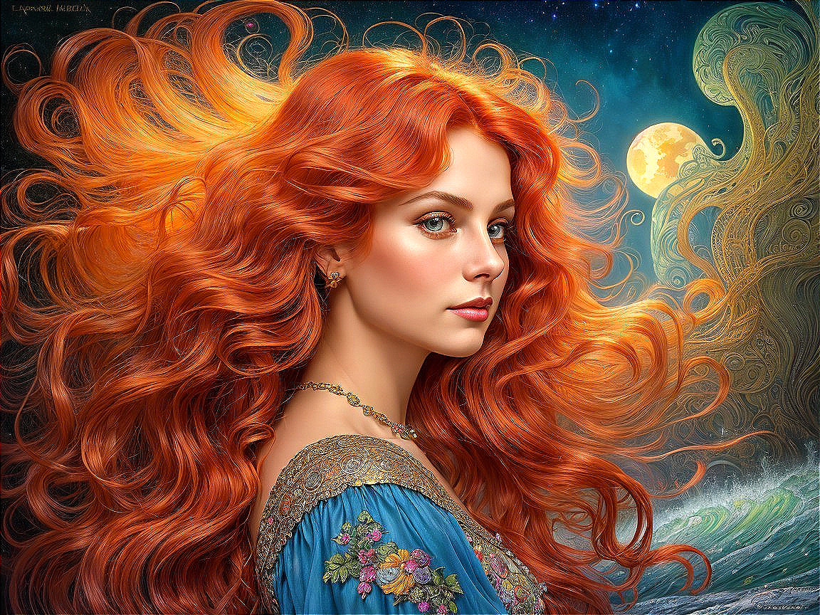 Serene Woman in Blue Gown Against Cosmic Background