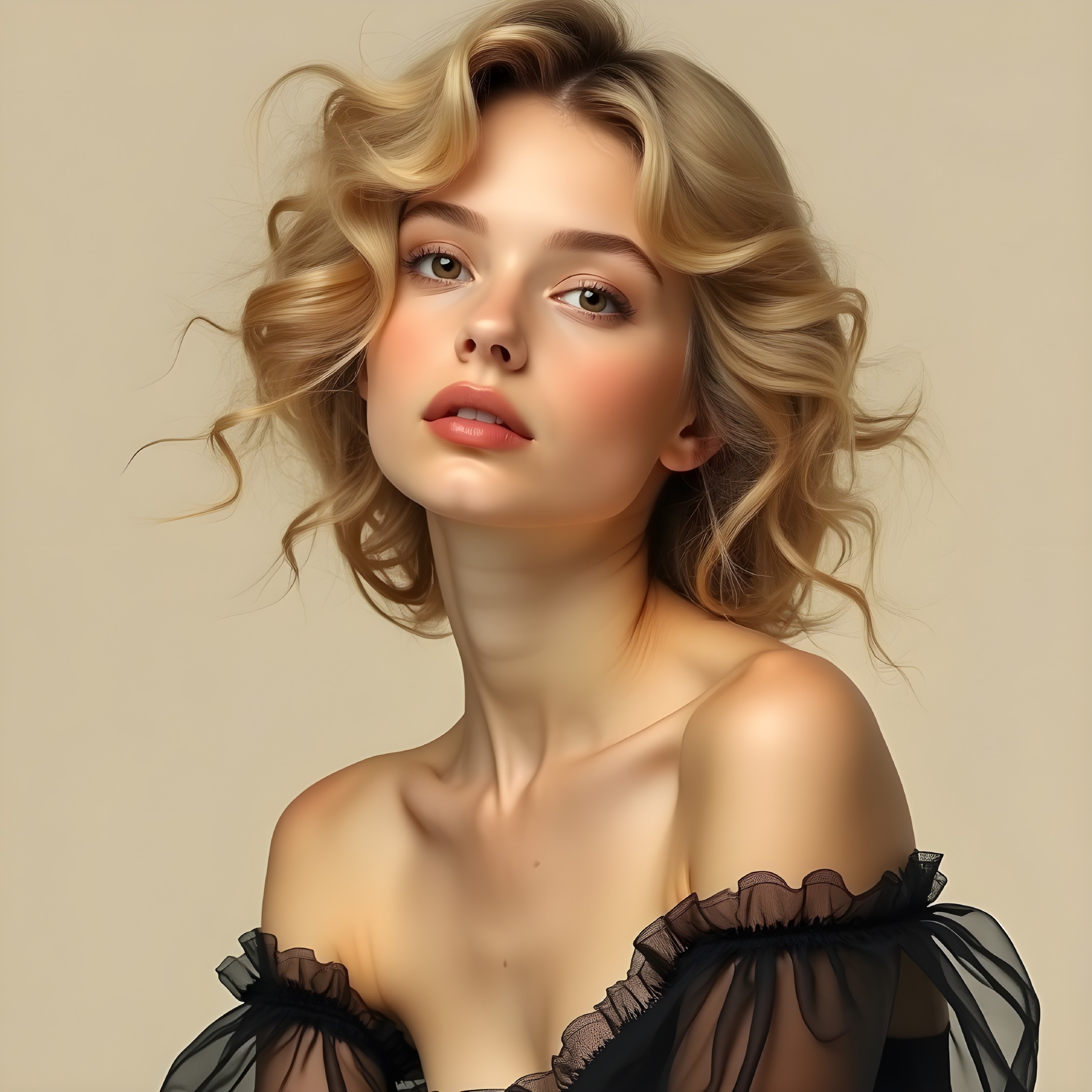 Young woman in off-shoulder black dress against beige backdrop