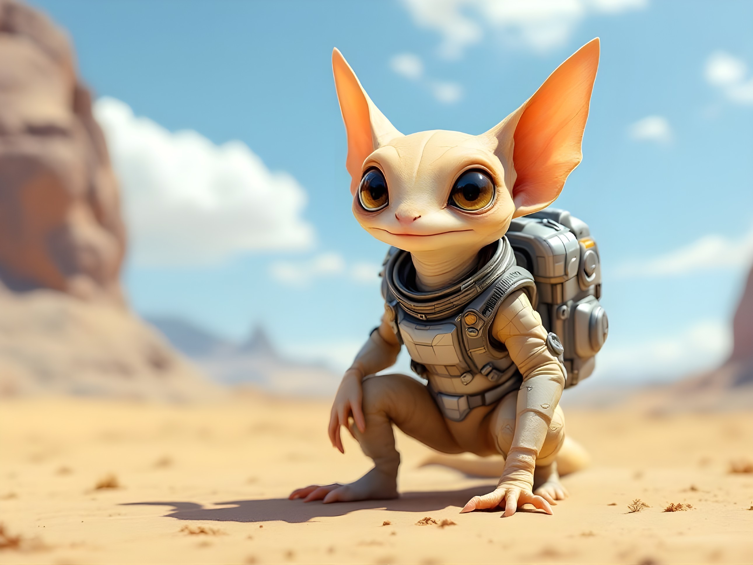 Whimsical Creature in Spacesuit on Alien Landscape