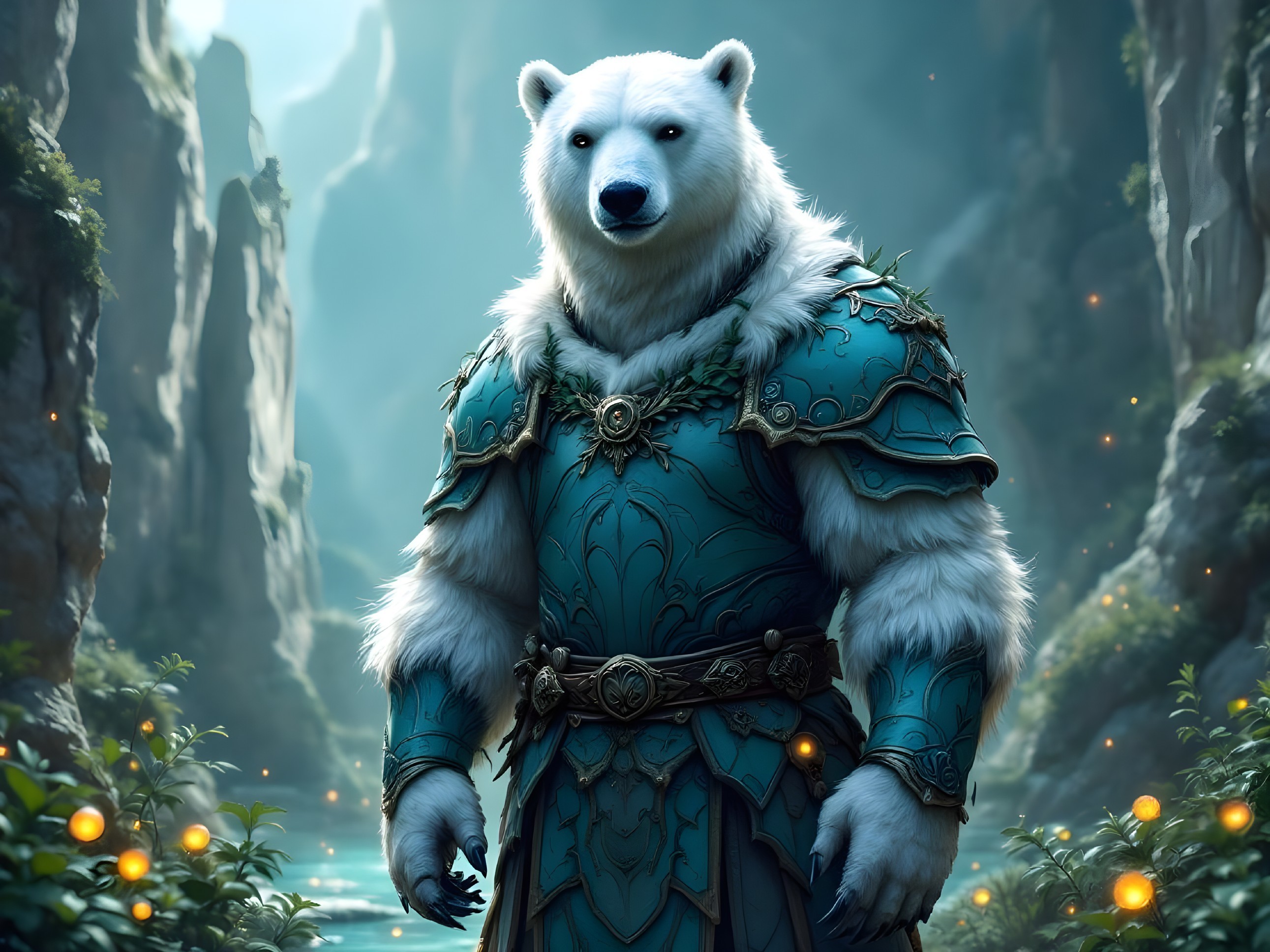 Polar bear in turquoise armor in enchanted forest