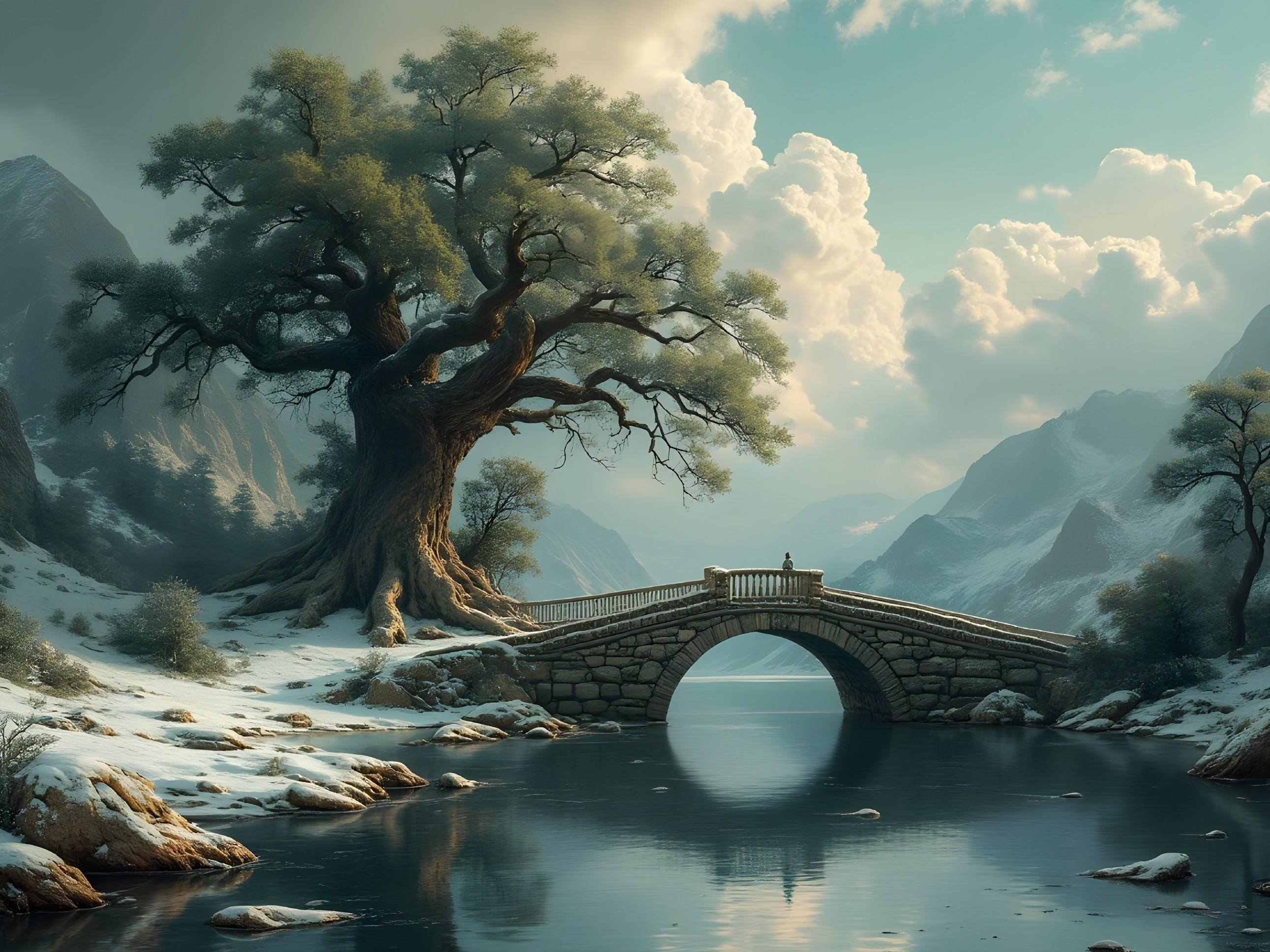 Serene Landscape with Tree, Lake, and Snowy Mountains