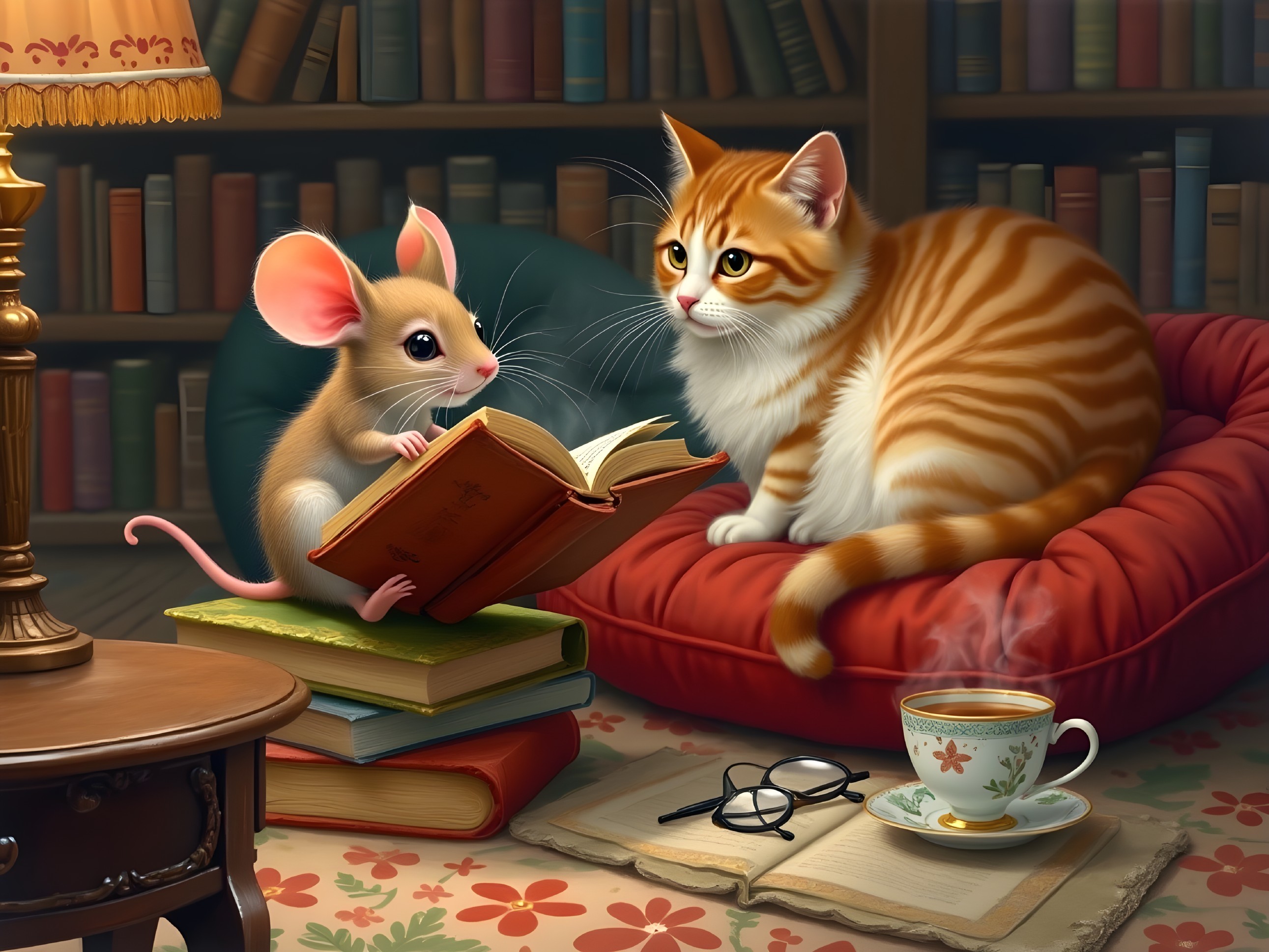 Mouse Reading in Cozy Library with Cat and Tea