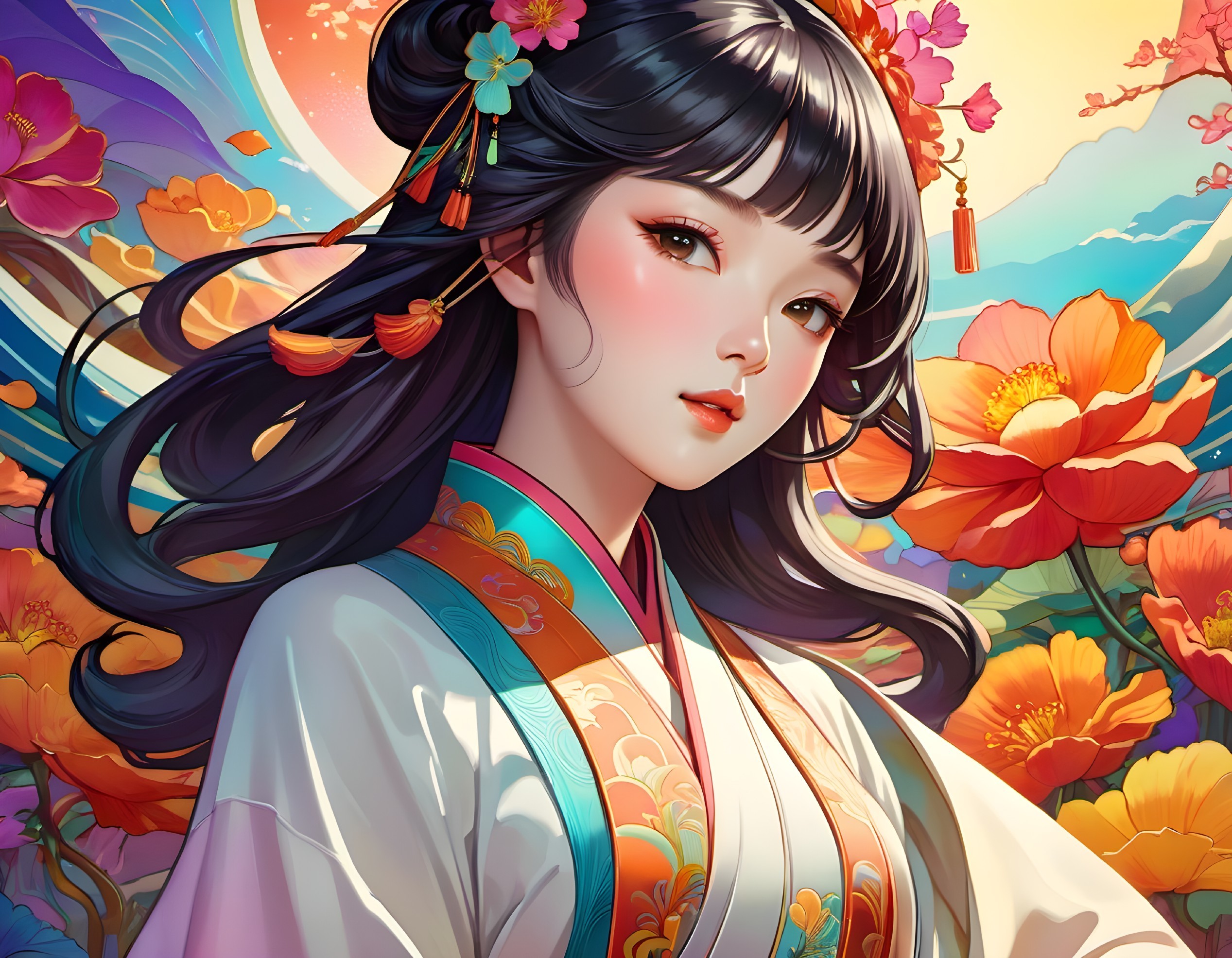 Illustration: Woman in traditional attire with black hair among vibrant flowers under colorful sky