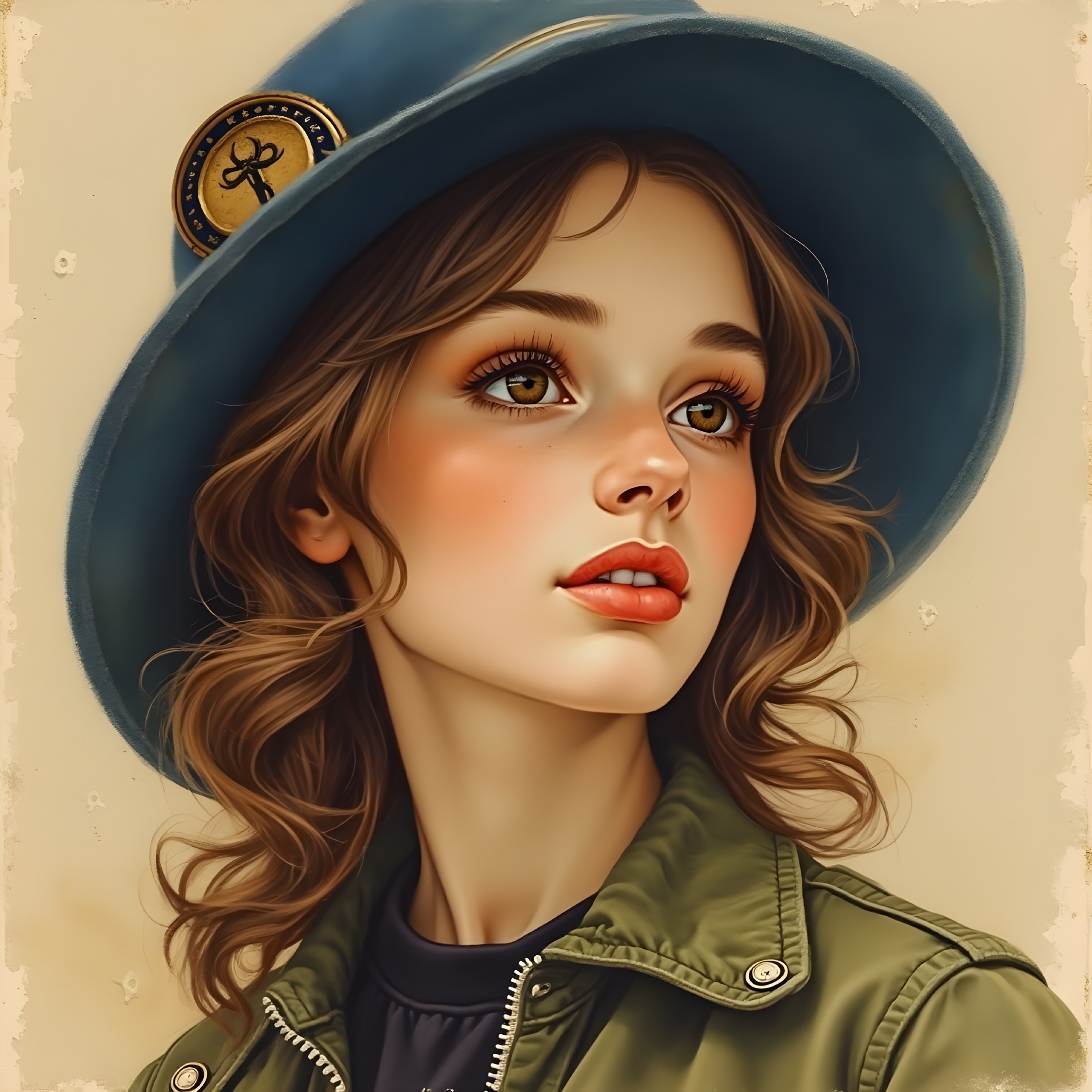 Young woman in blue hat and green jacket portrait