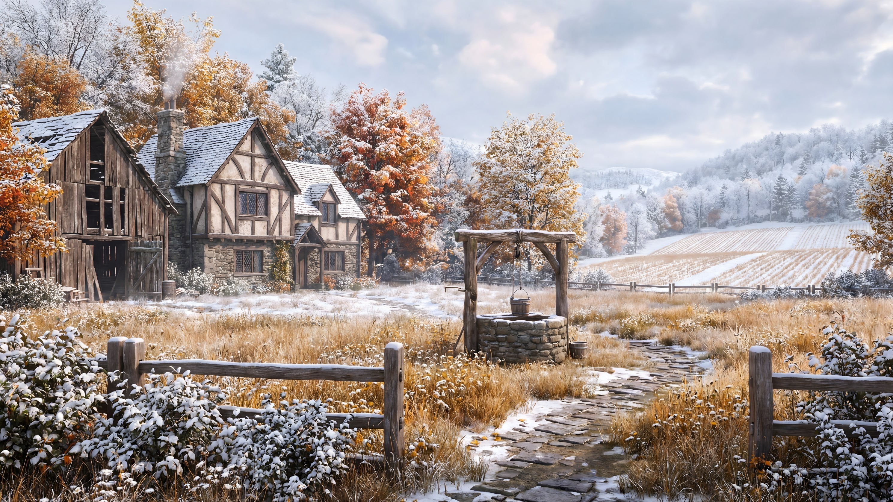 Winter Landscape with Tudor House and Snowy Forest