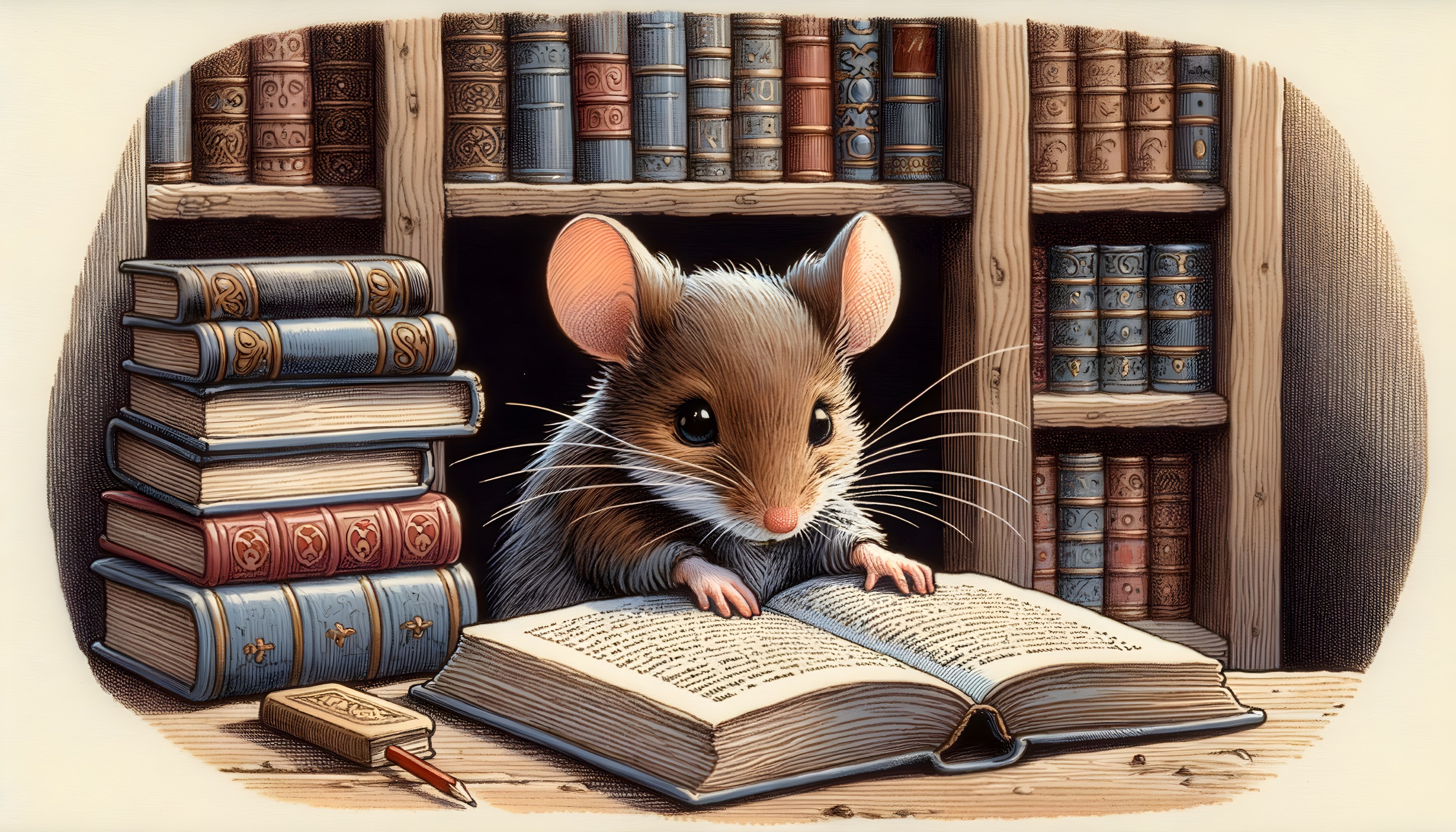 Curious mouse reading in cozy library nook