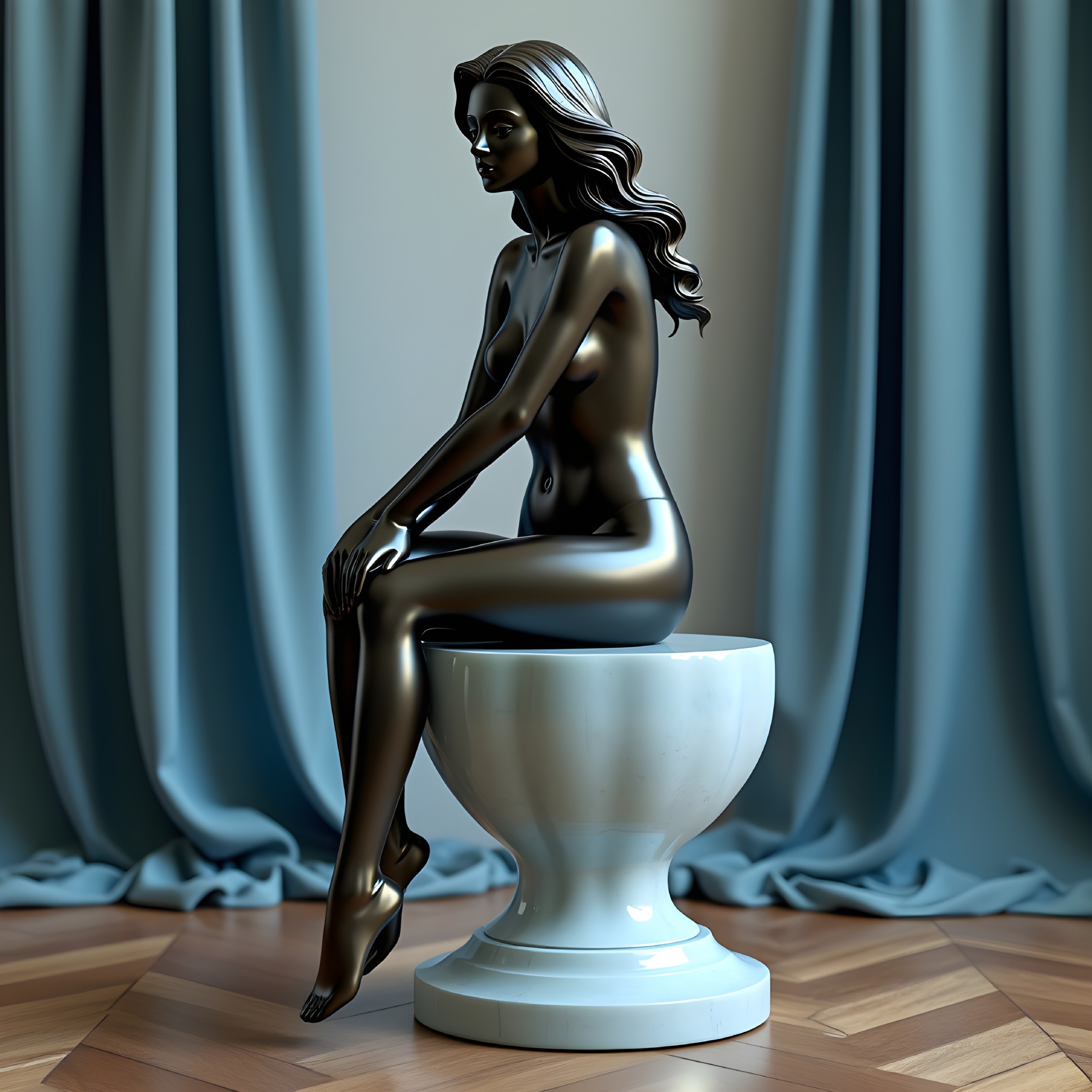 Polished Black Nude Sculpture on Marble Pedestal