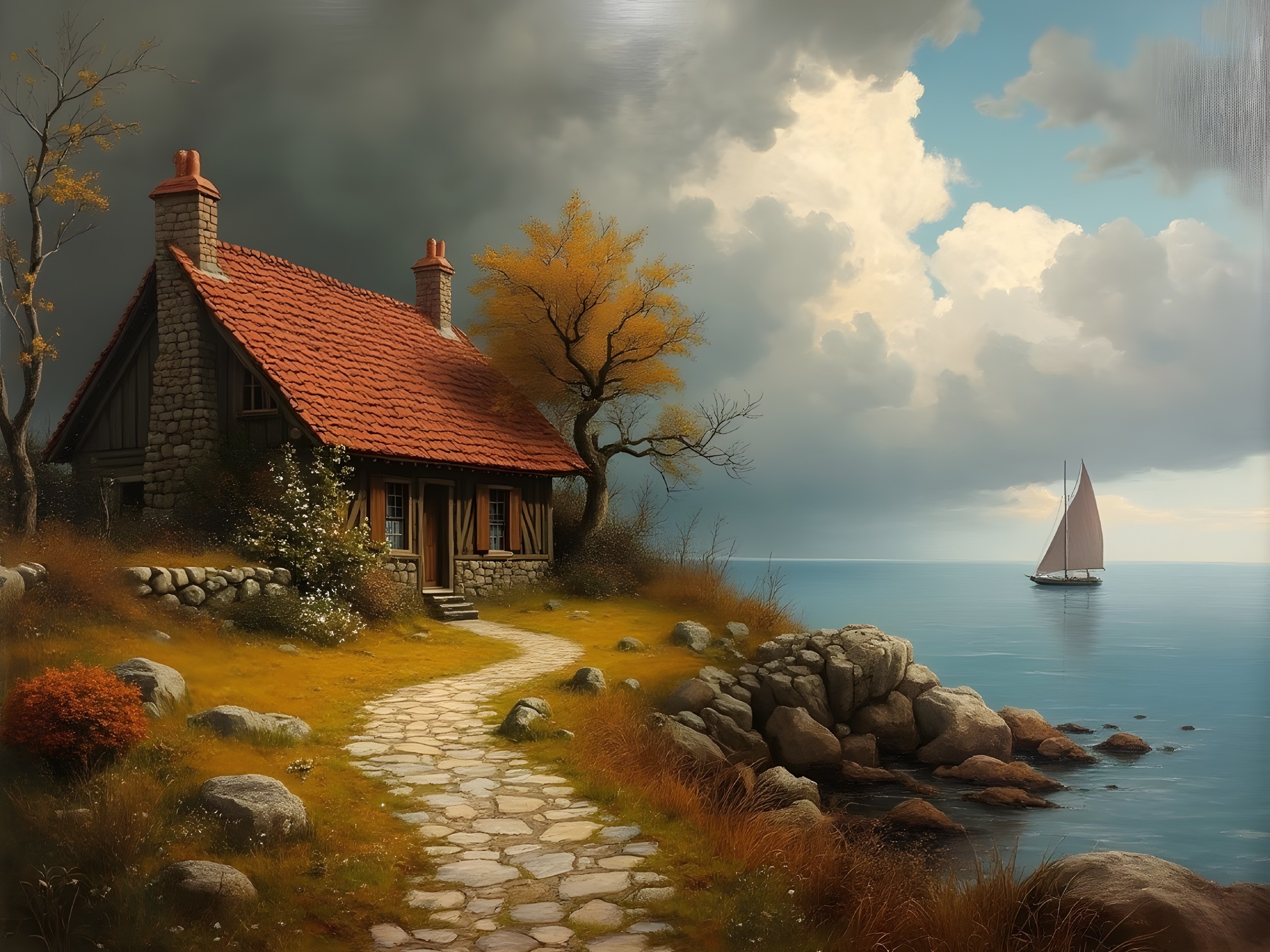 Stone Cottage by Tranquil Seaside with Autumn Foliage