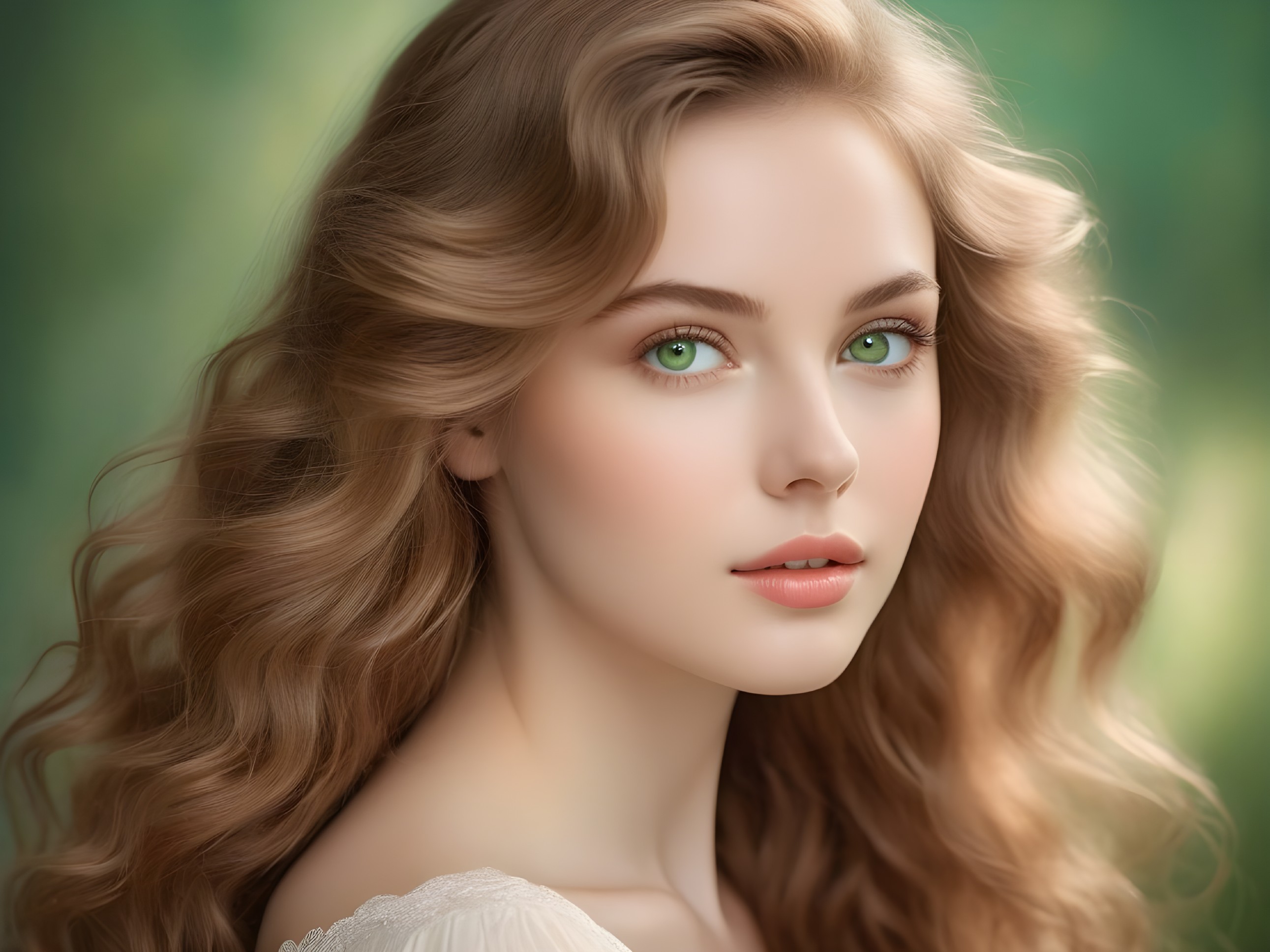 Young woman with wavy blonde hair and green eyes