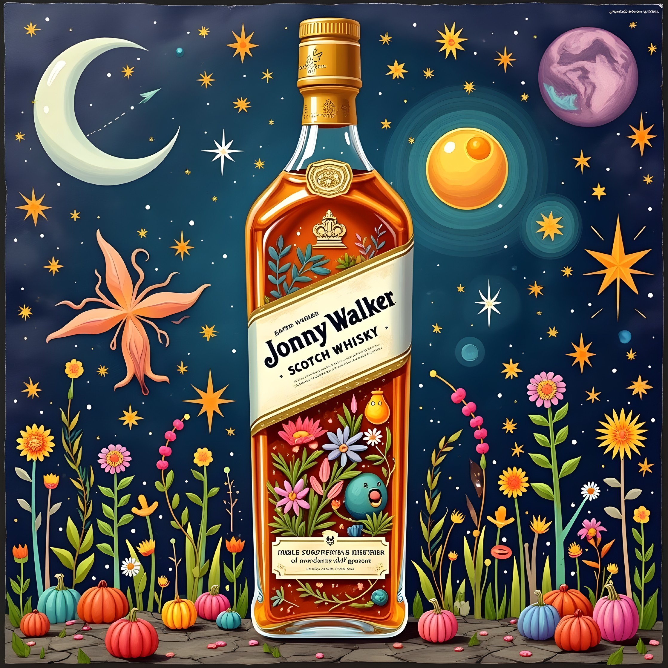 Whimsical Illustration of Scotch Whisky and Flowers