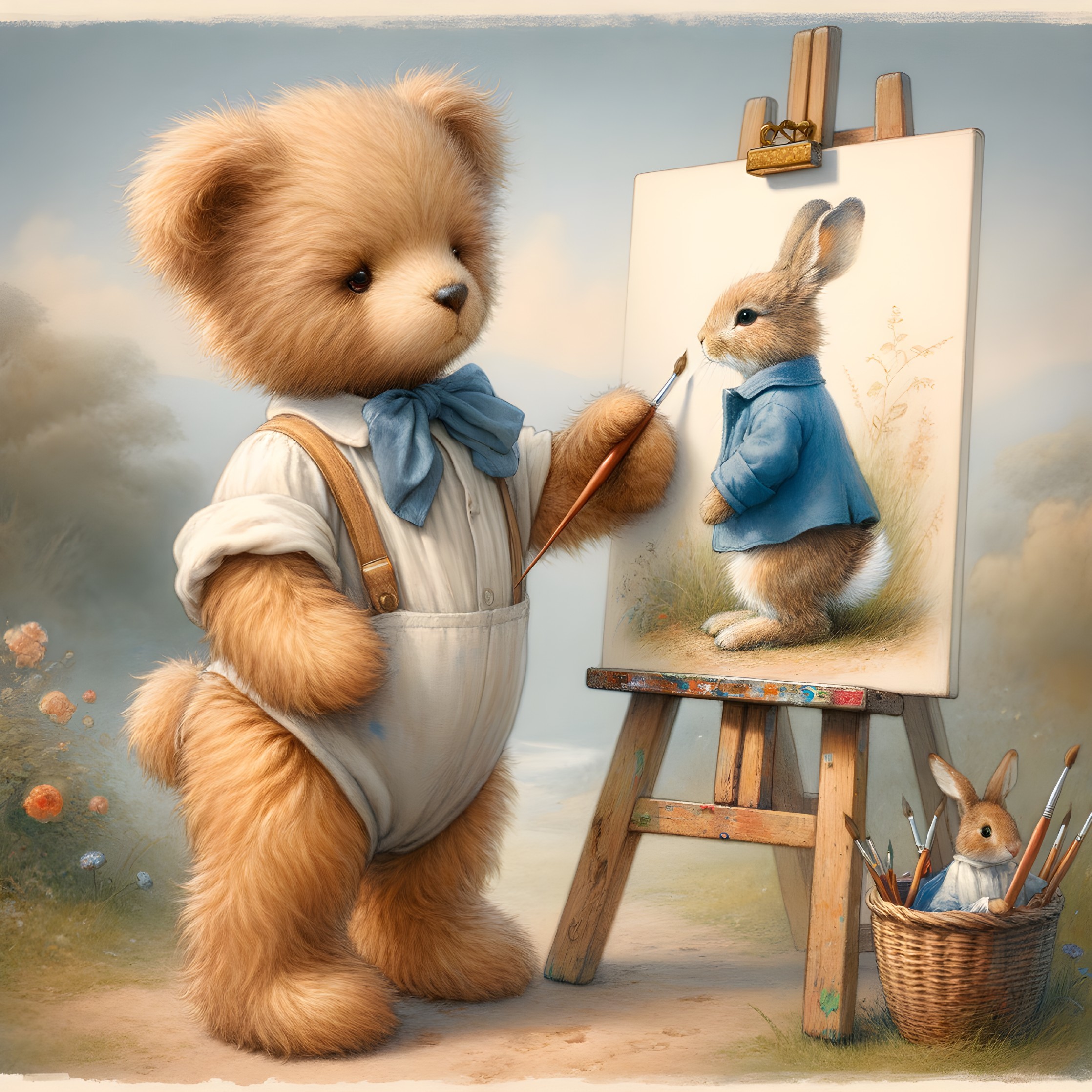 Teddy Bear Painting a Rabbit in a Garden Scene