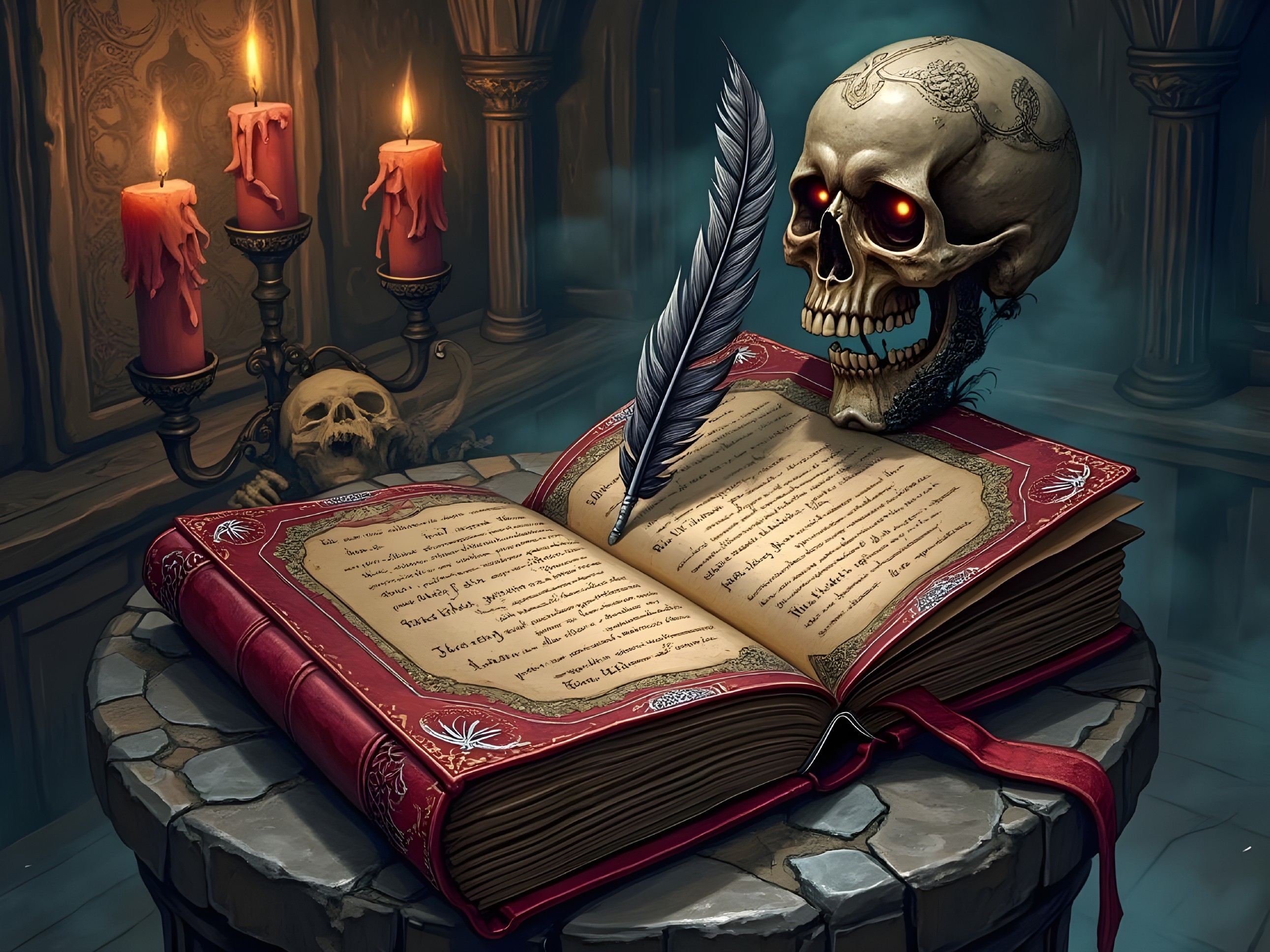 Antique Book and Skull on Stone Pedestal with Candles