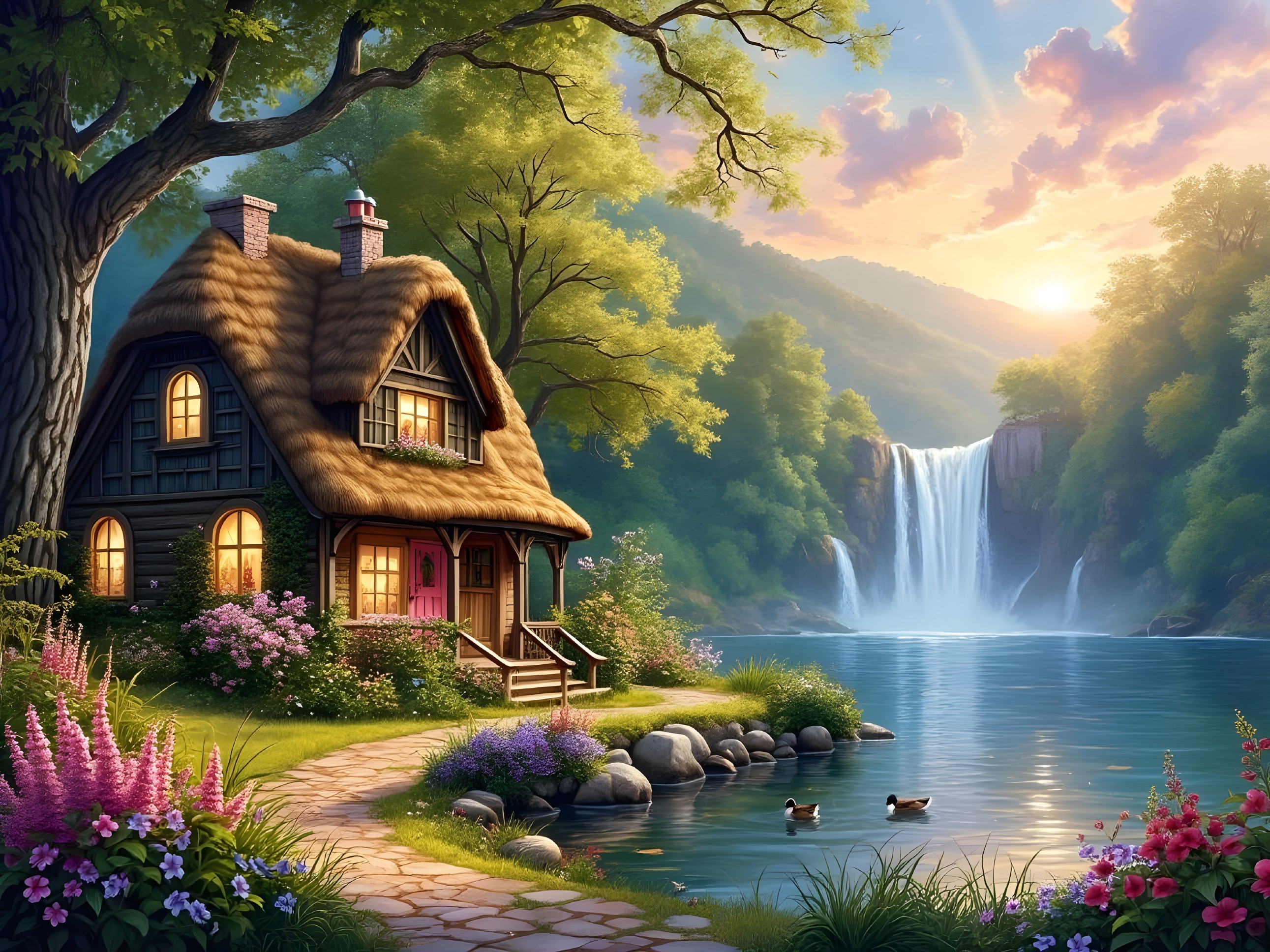 Charming Cottage by Tranquil Lake and Waterfall
