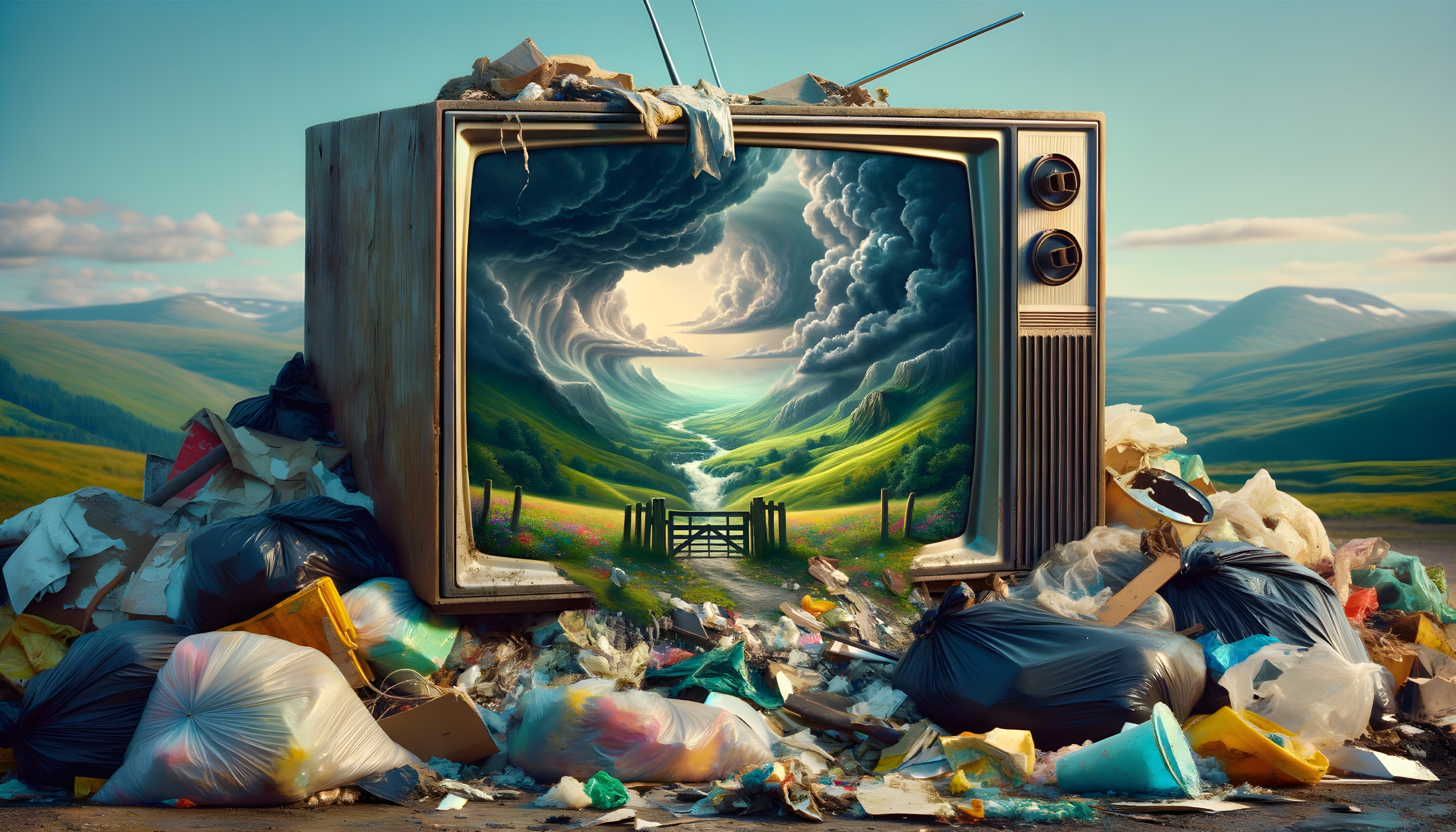 Vintage TV shows surreal landscape among trash and pollution