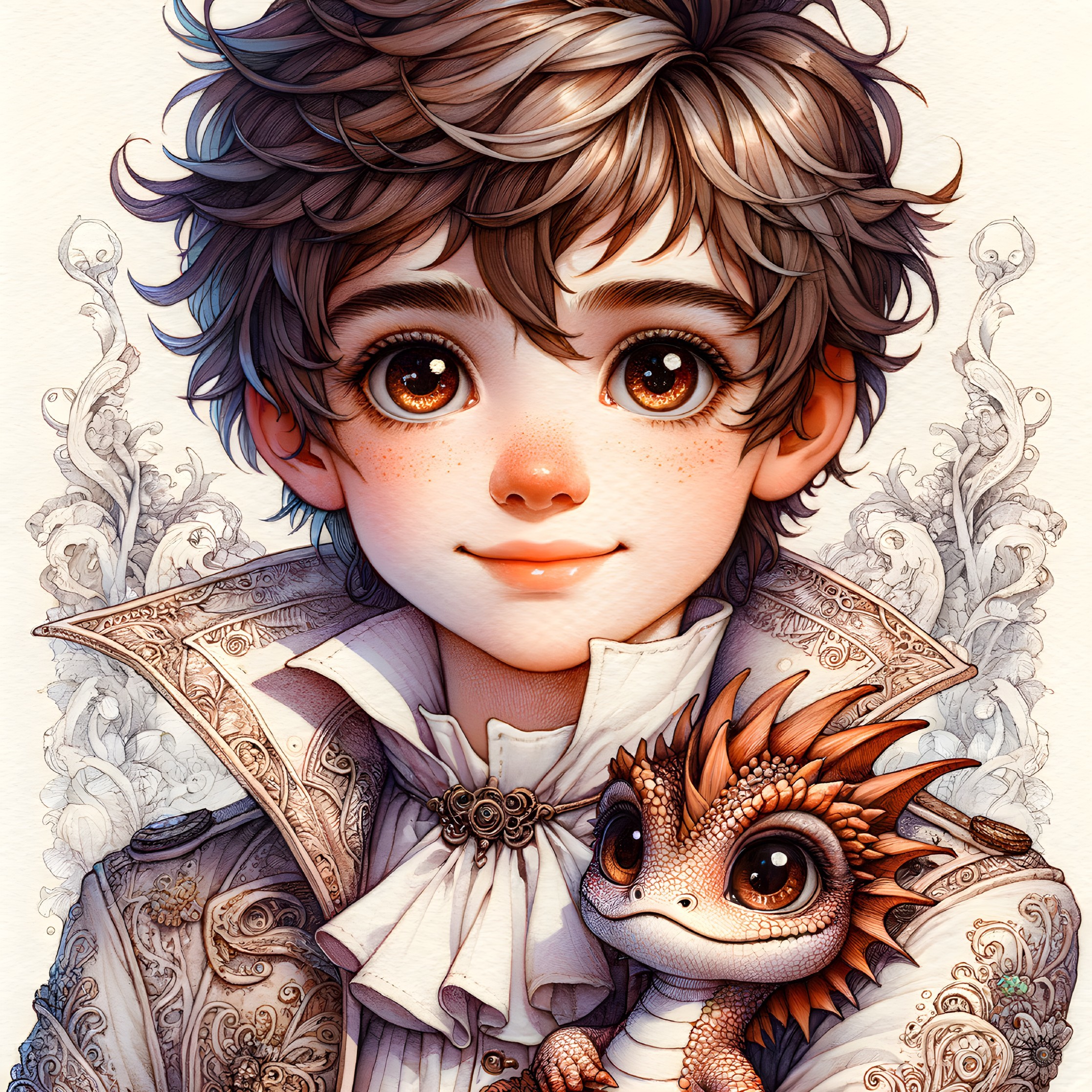 Young boy with dragon in ornate jacket and whimsical background