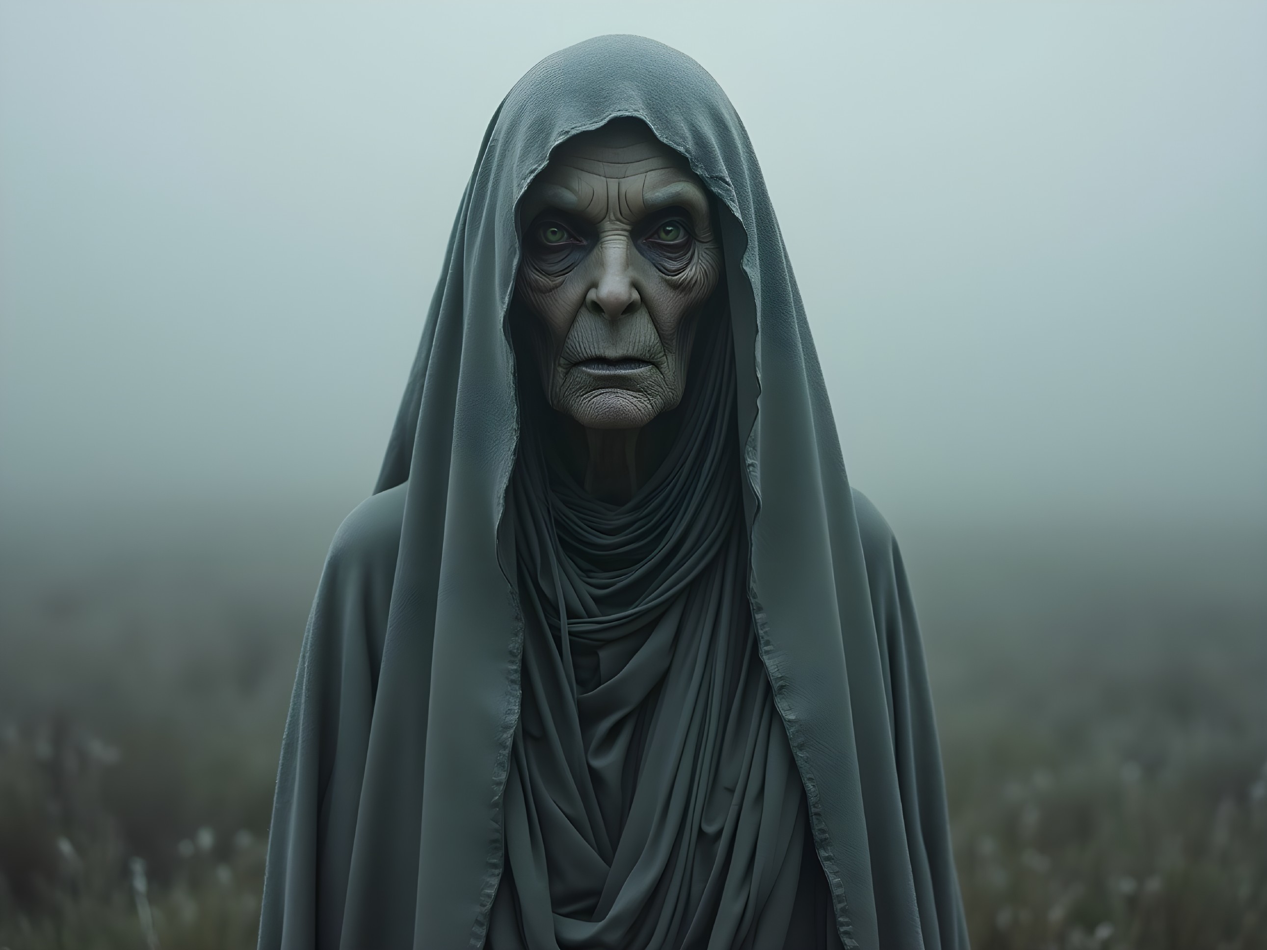 Mysterious Figure in Foggy Desolate Landscape