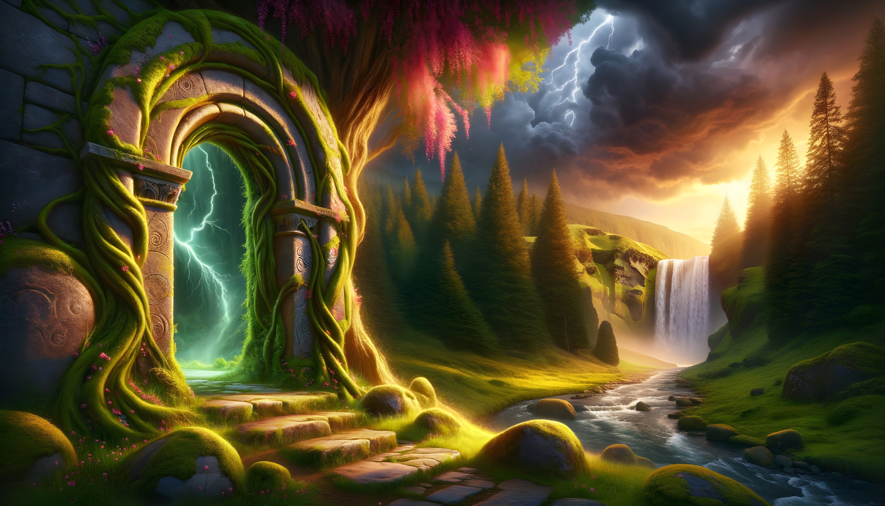 Mystical Portal Surrounded by Lush Nature and Storms