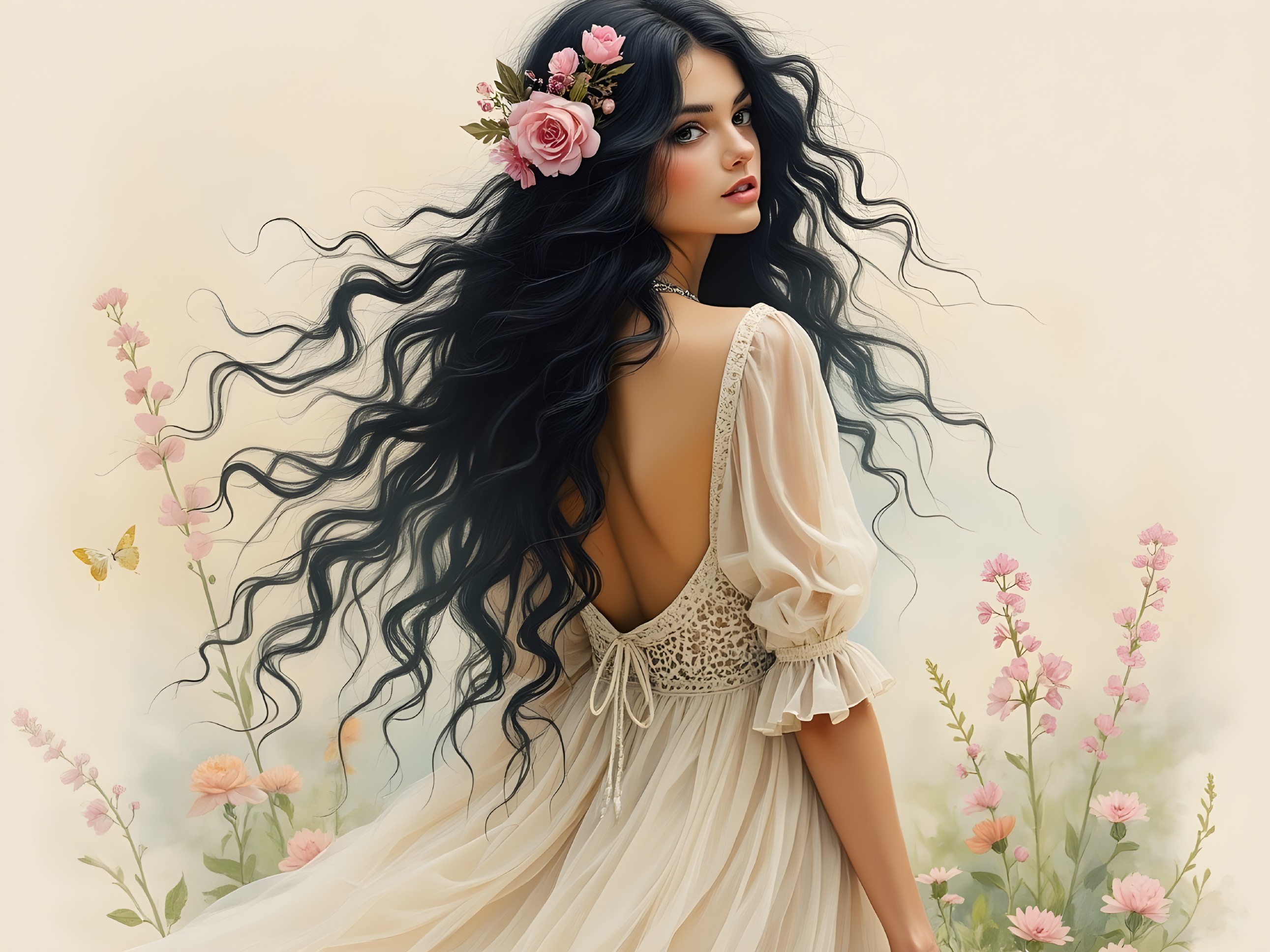 Young Woman in Cream Dress Surrounded by Flowers
