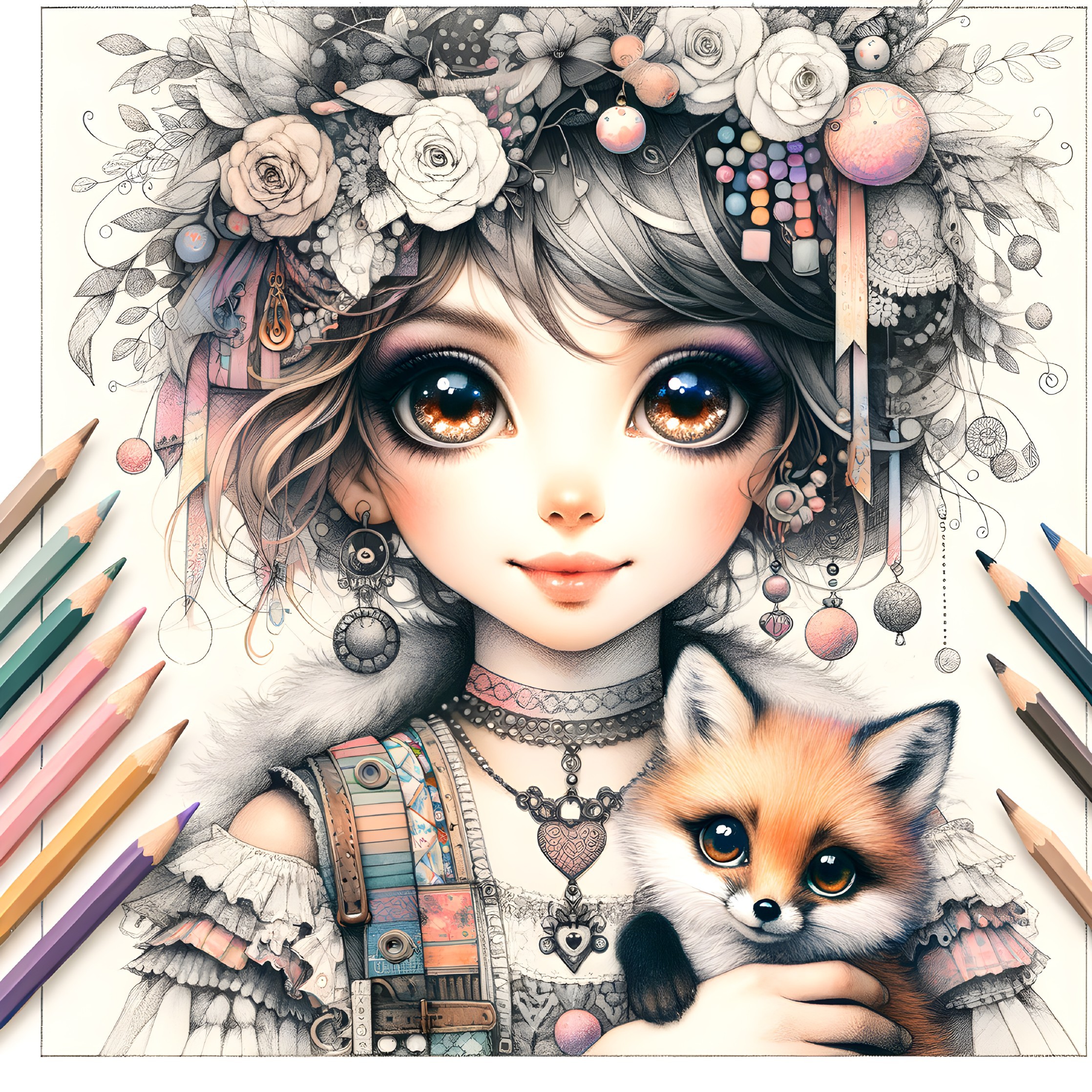 Whimsical Girl and Fox: A Colorful Encounter