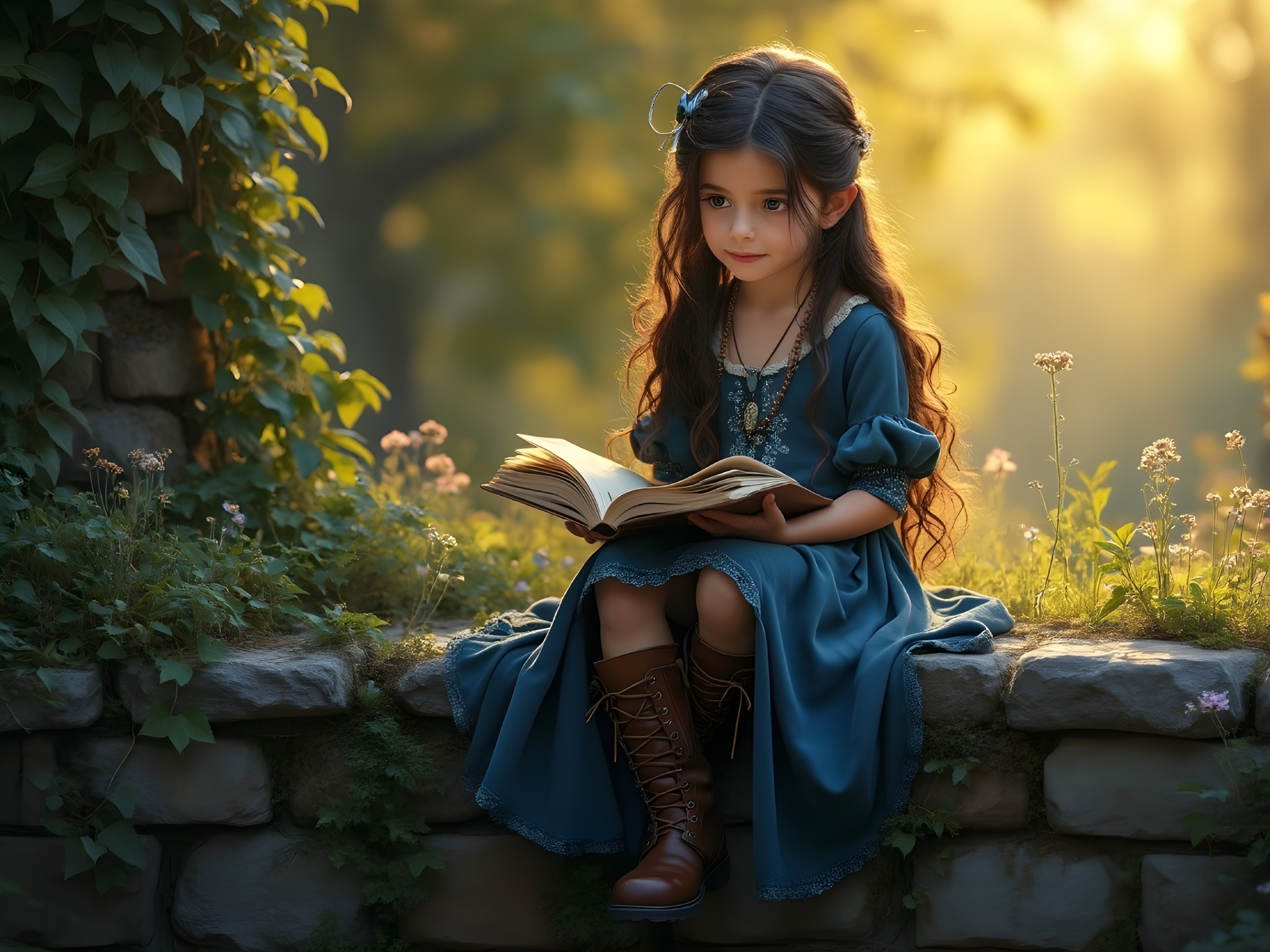 Young girl reading on a stone wall at sunset