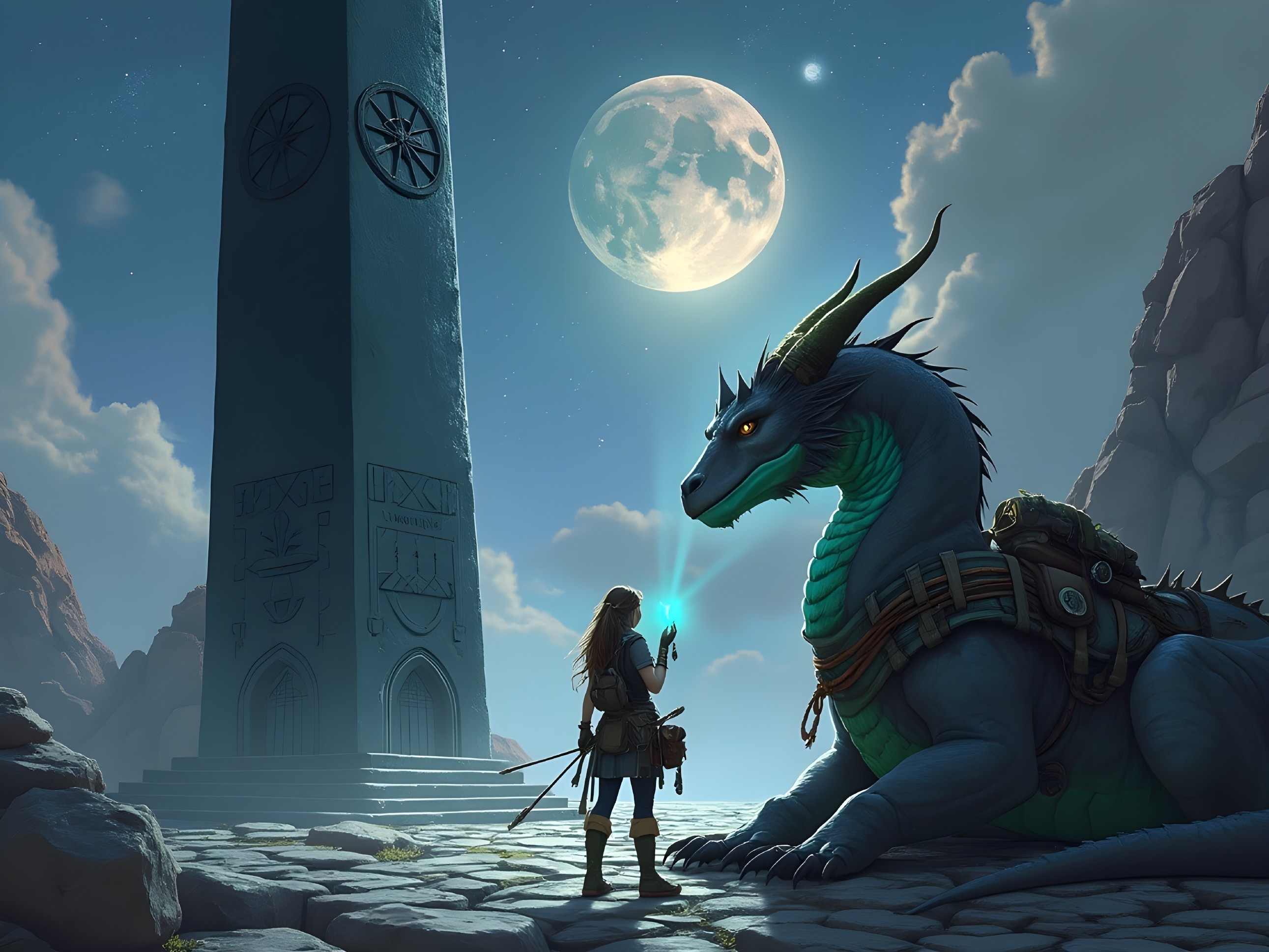 Adventurer and Blue Dragon Under Full Moon Scene