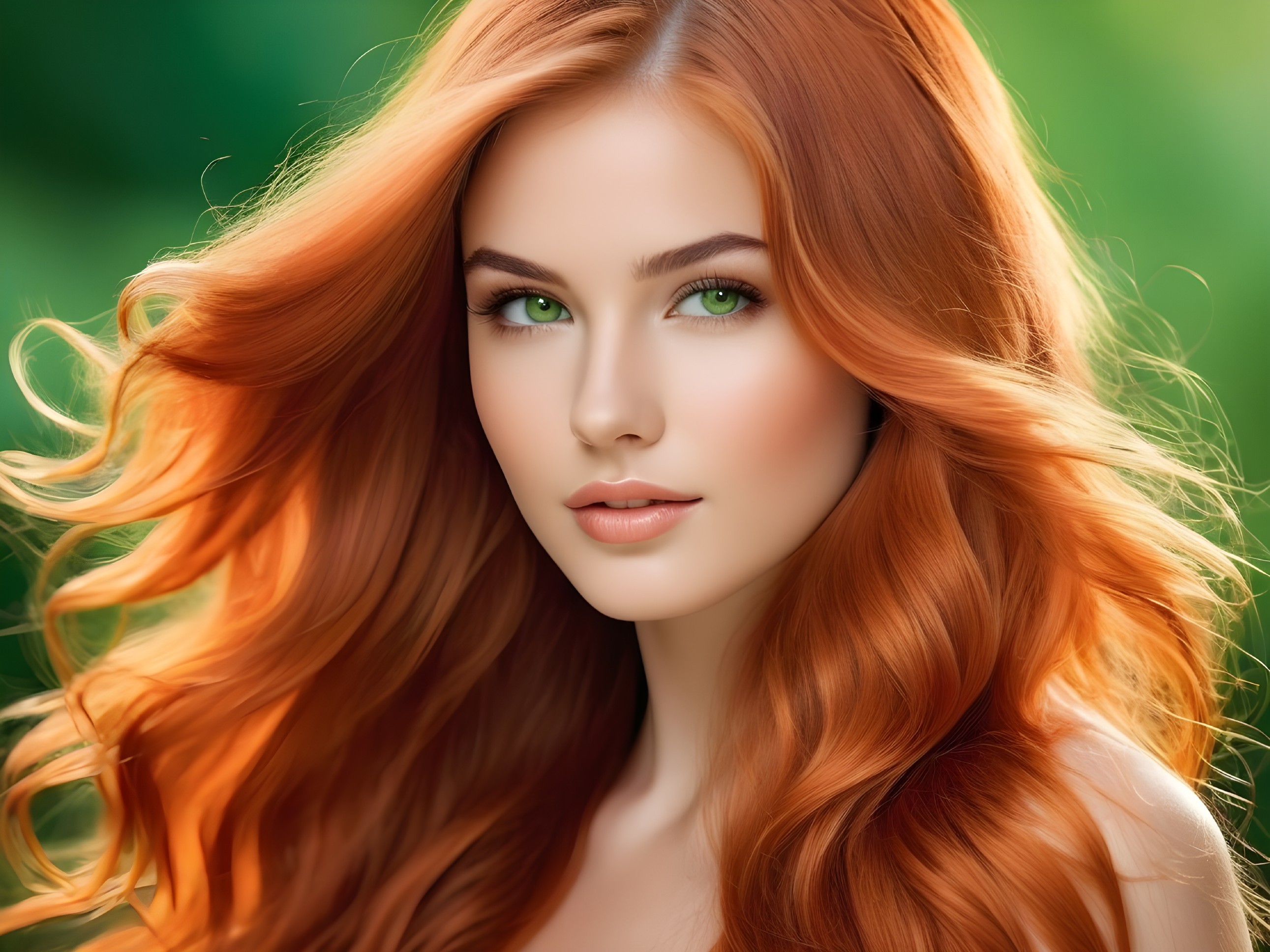 Young woman with orange-red hair and green eyes