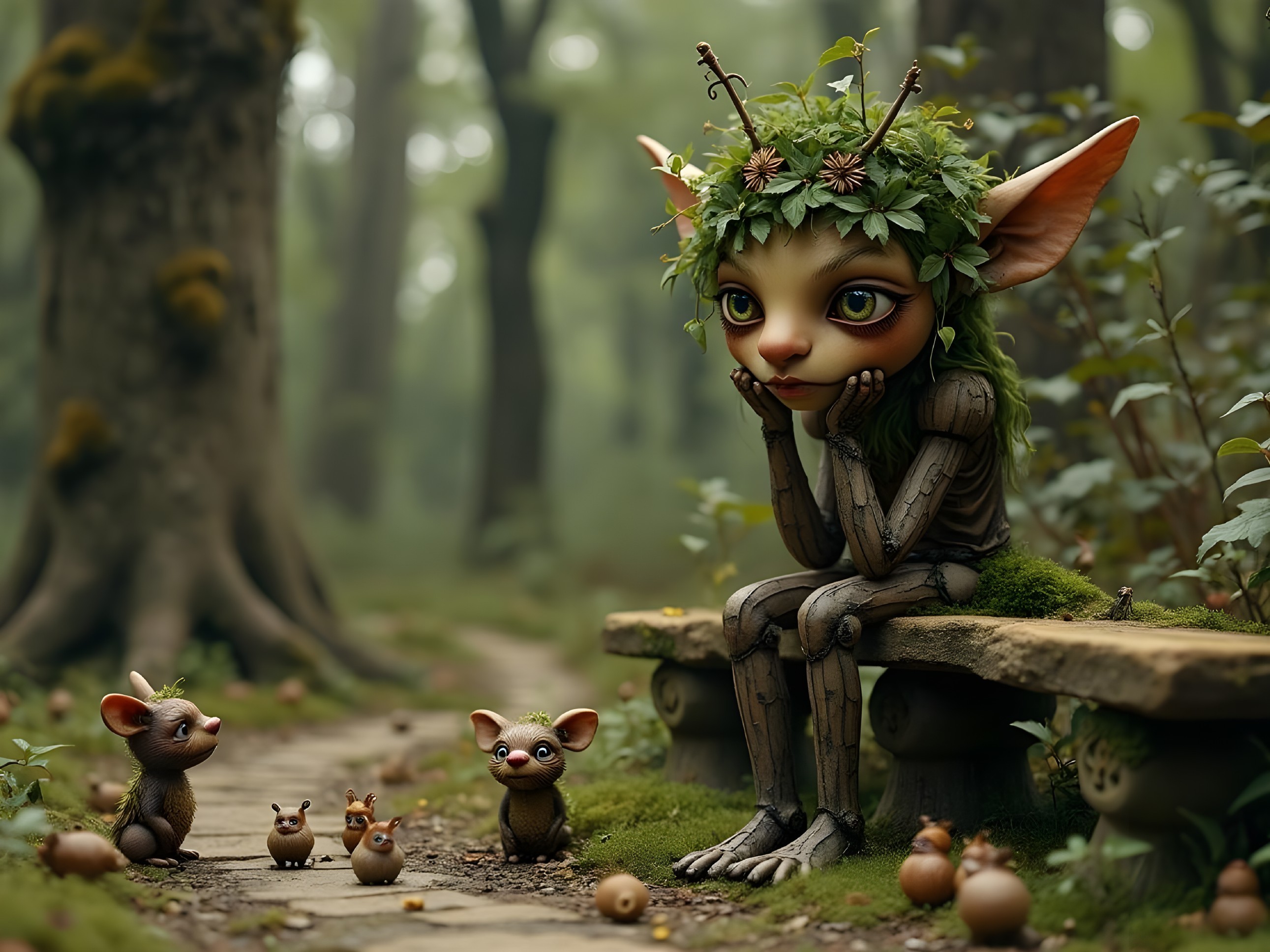 Whimsical Character in a Serene Forest Setting