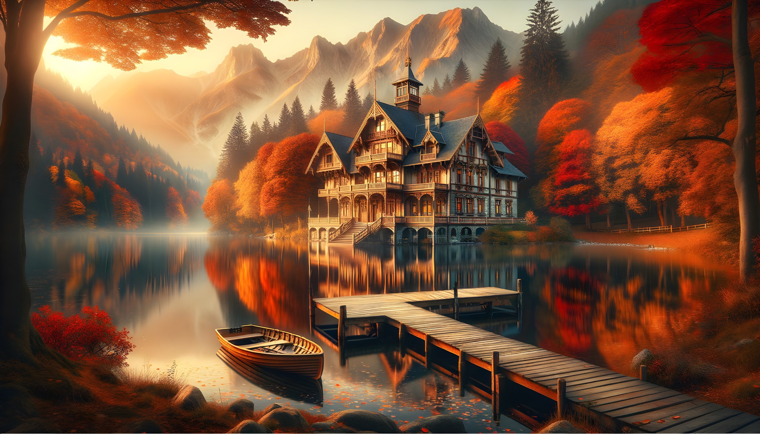 Wooden Mansion by Lake Surrounded by Autumn Foliage