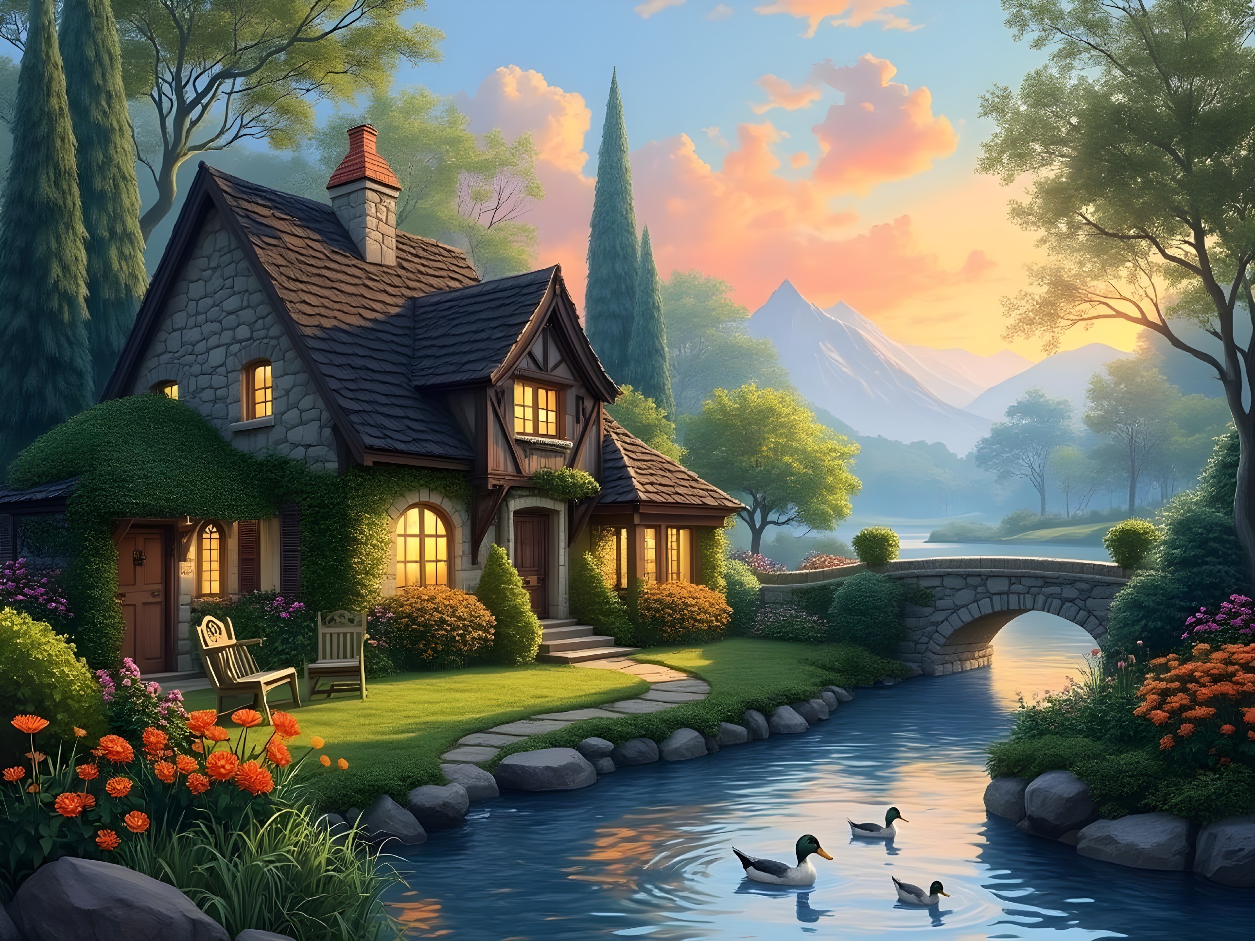 Cottage by River with Gardens and Mountain View