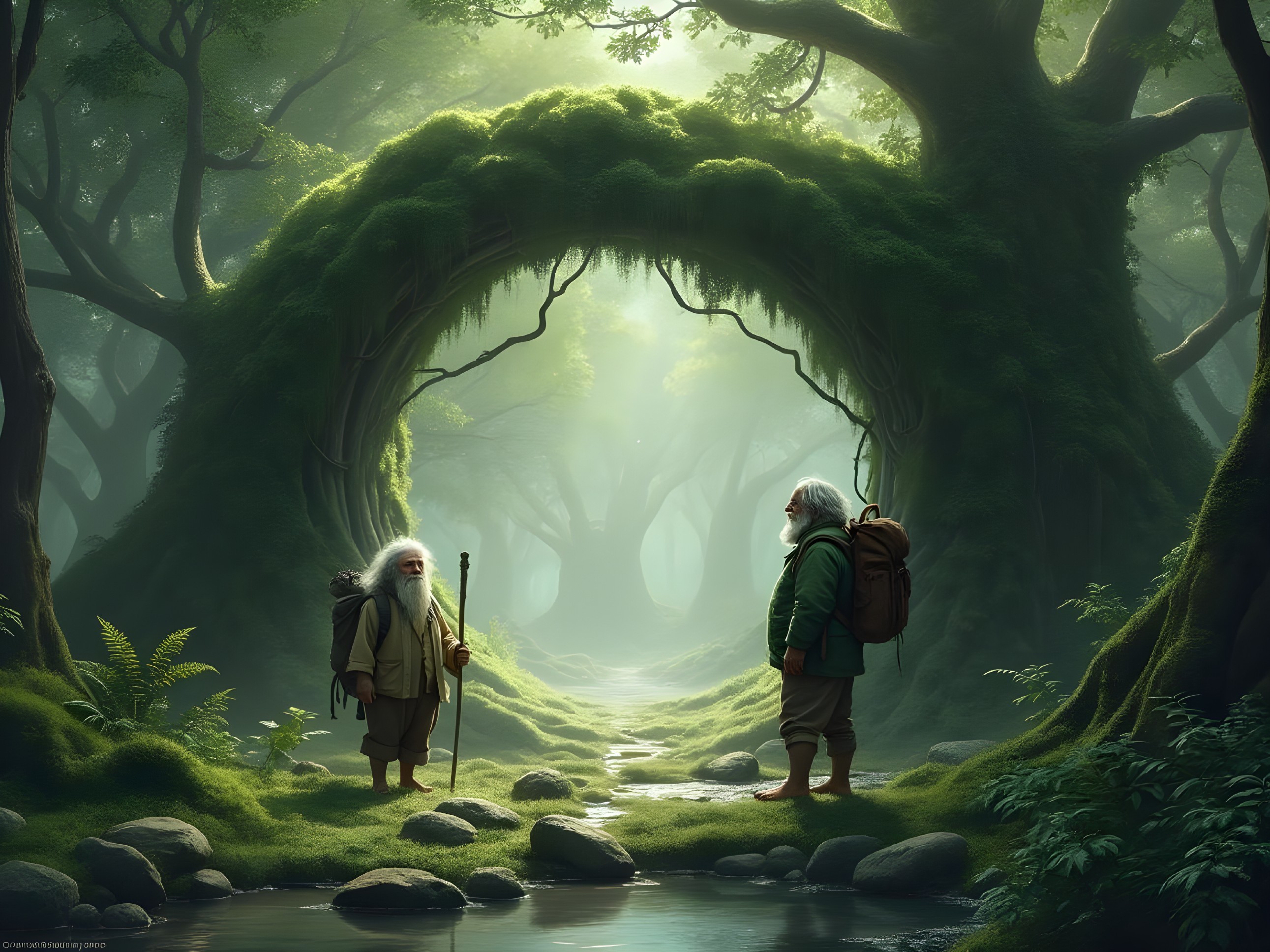Old men by a stream in a mystical forest setting