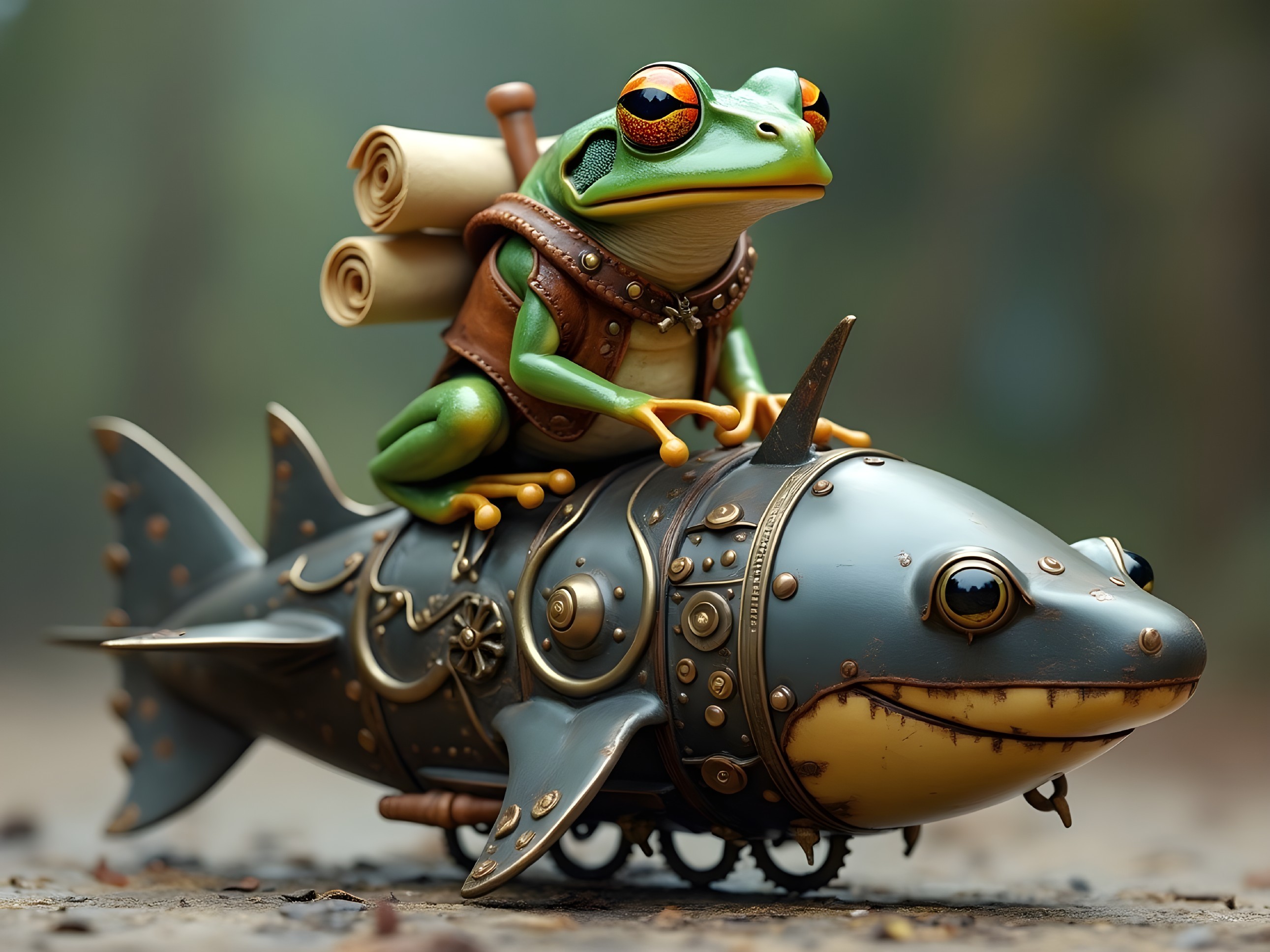 Cartoon Frog on Steampunk Fish Vehicle in Nature Scene