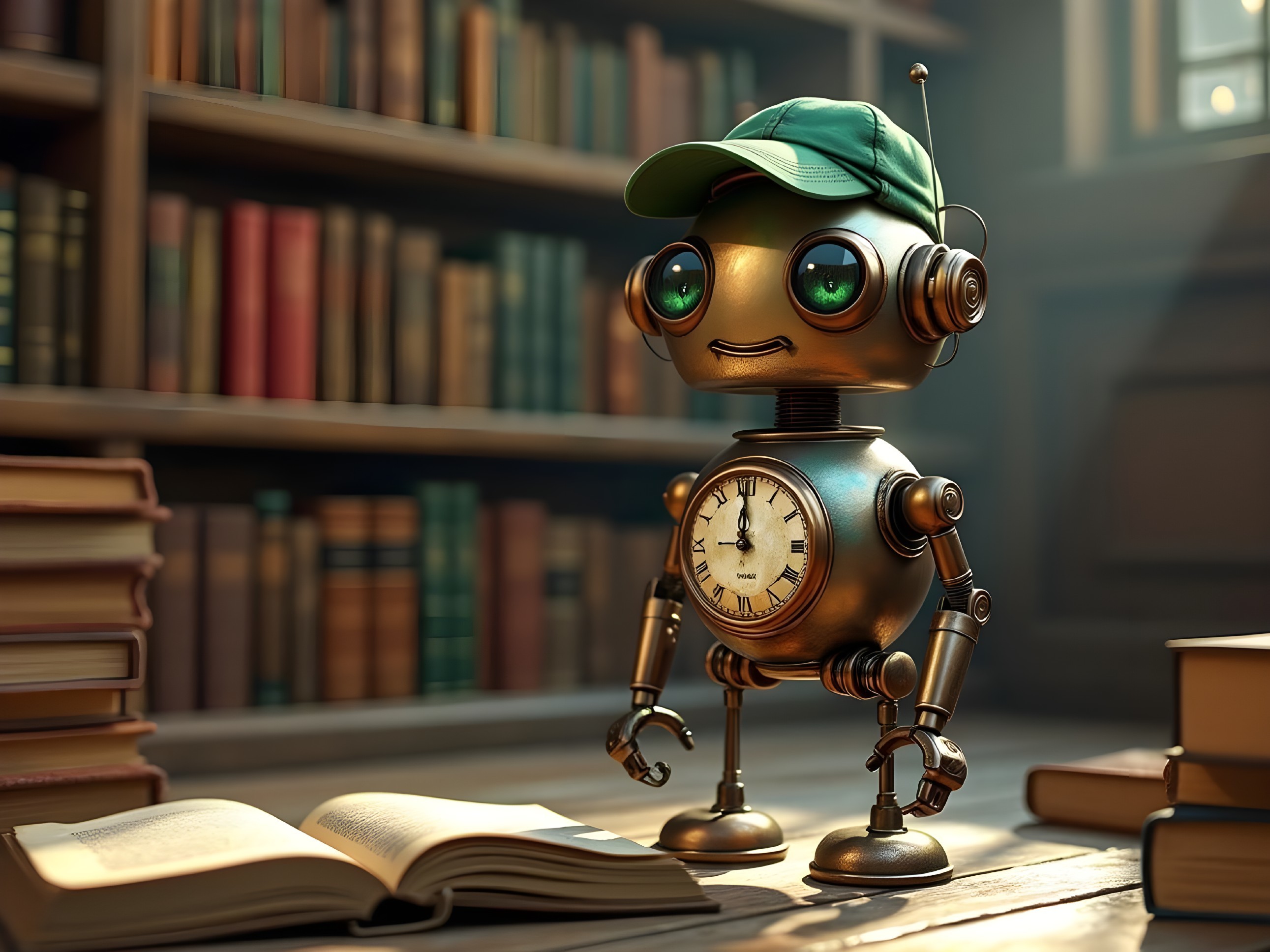 Cozy Library Scene with Friendly Robot and Sunlight