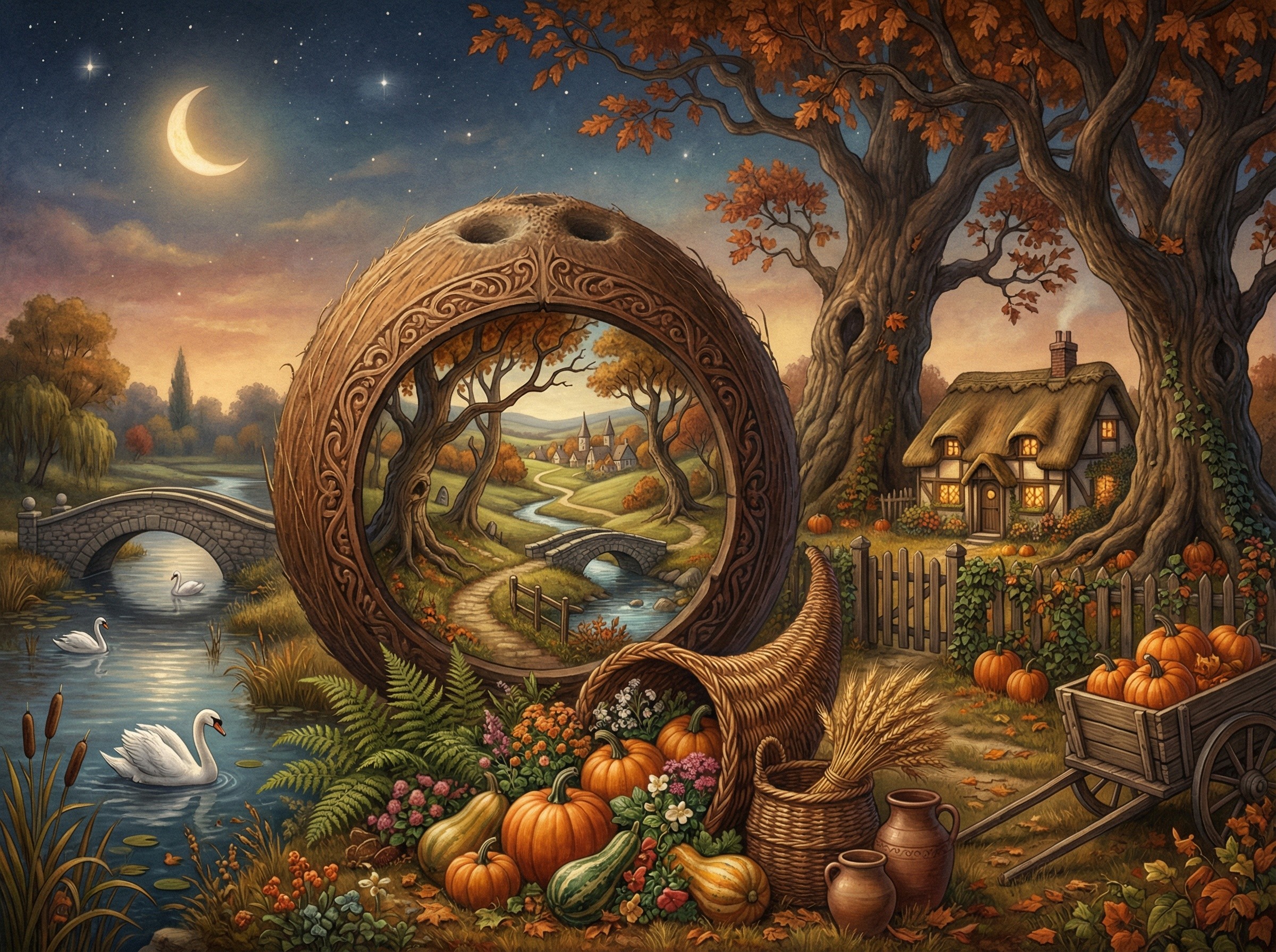Autumn Fantasy Landscape with Crescent Moon and Swans