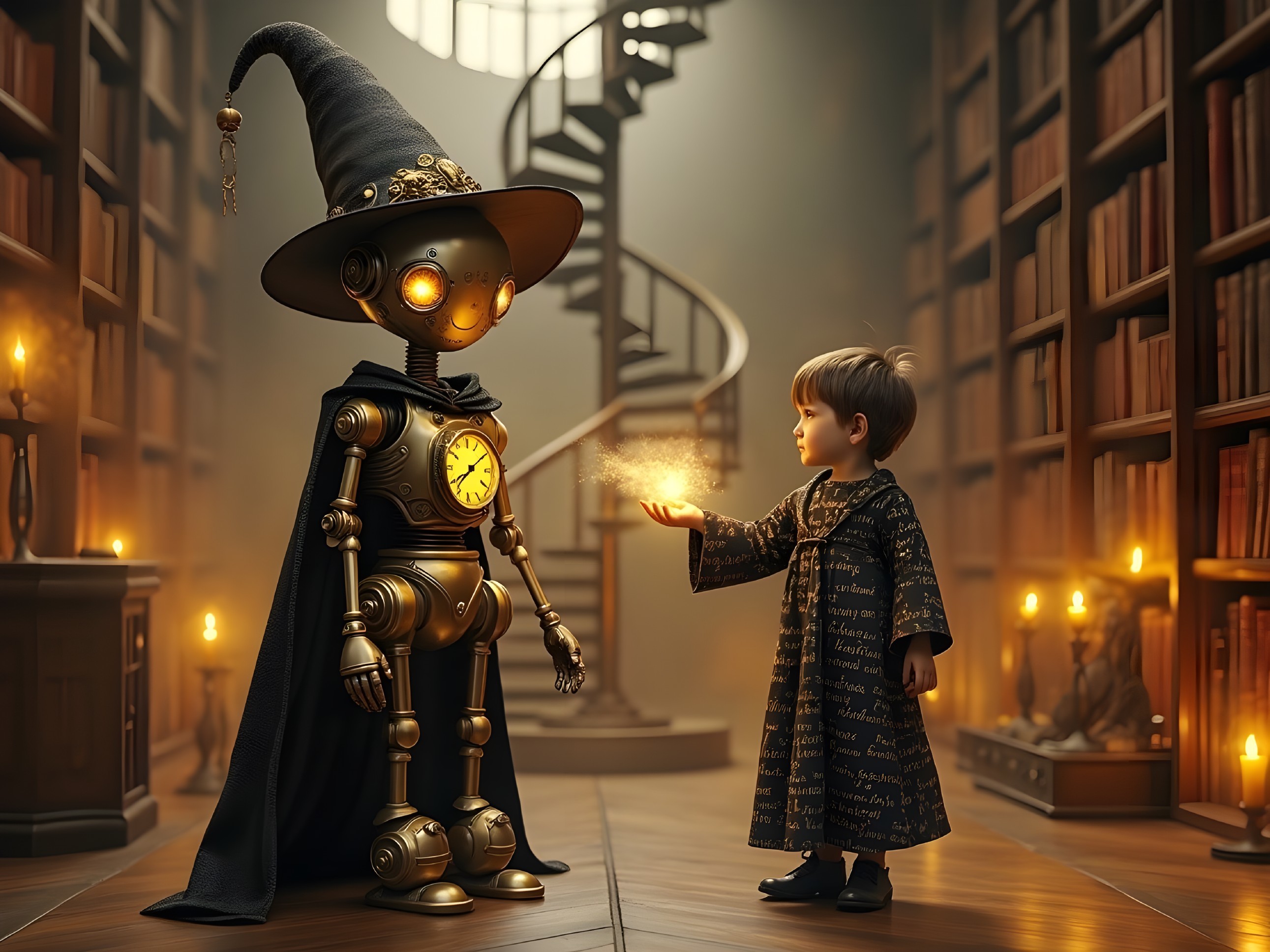 Whimsical Robot and Boy in Enchanted Library Scene