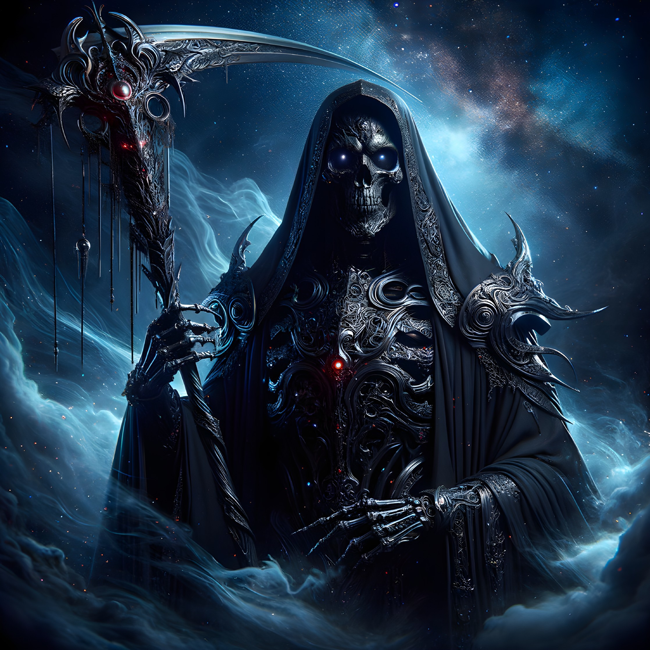 Cloaked Figure of Death Against Cosmic Backdrop
