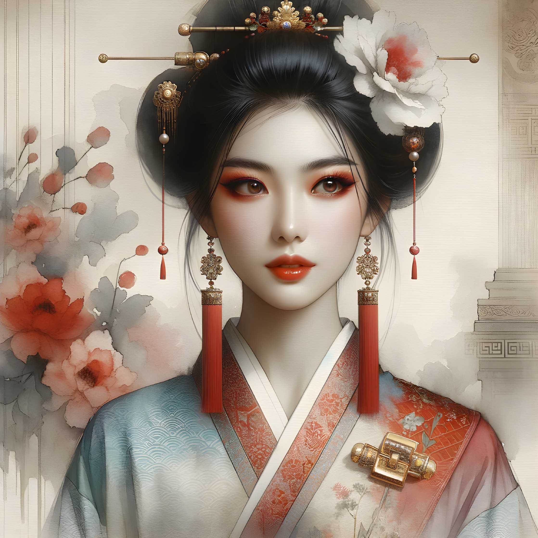 Serene Woman in Intricate Kimono with Floral Background
