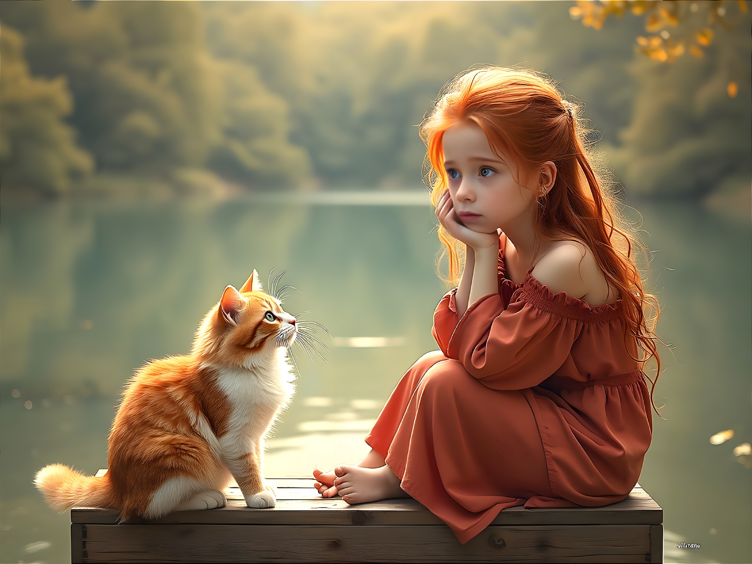 Young girl and cat by a tranquil lake scene