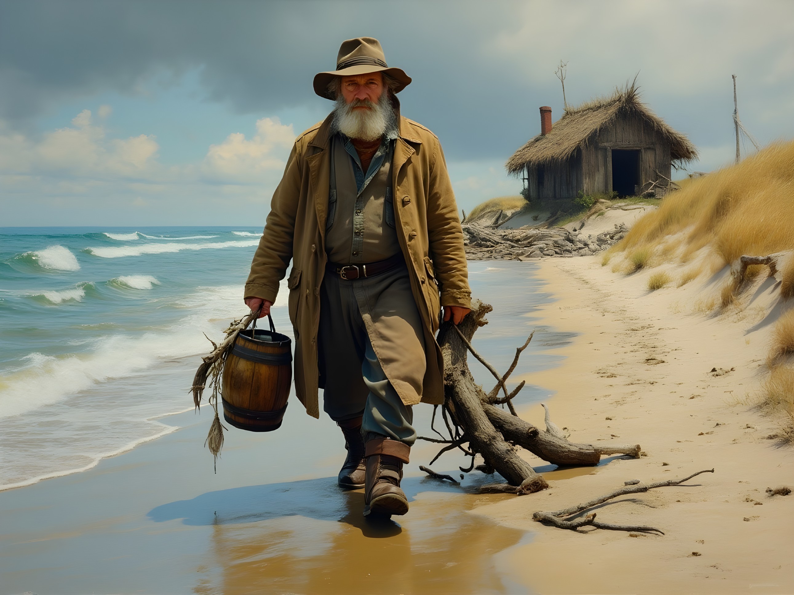 Rugged Man with Bucket on Sandy Beach Near Hut