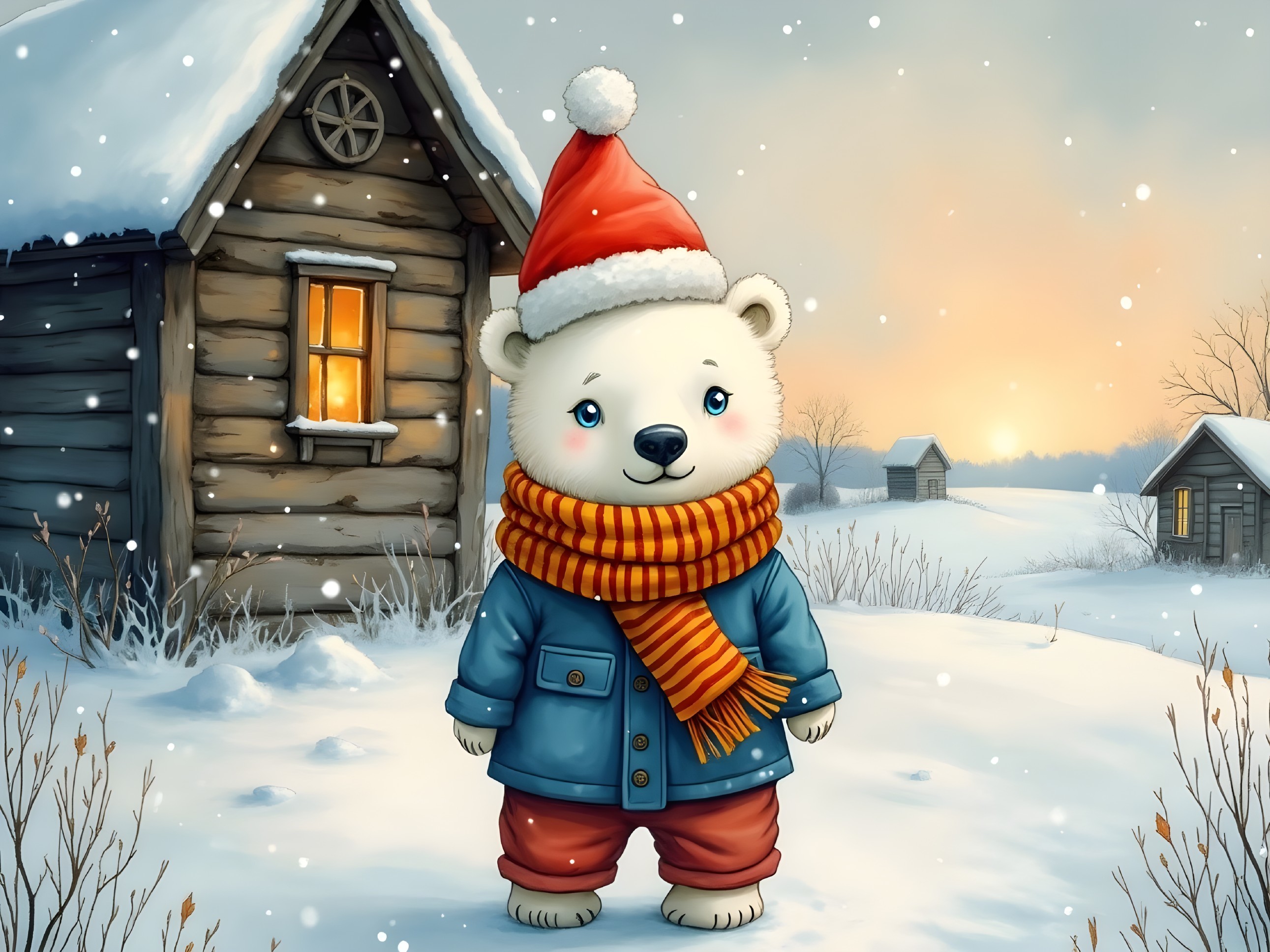 Cartoon Polar Bear in Snowy Landscape with Cabin