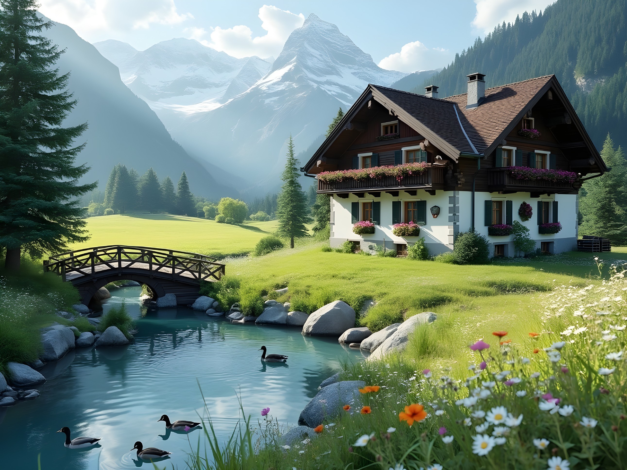 Alpine House Surrounded by Lush Meadows and Mountains