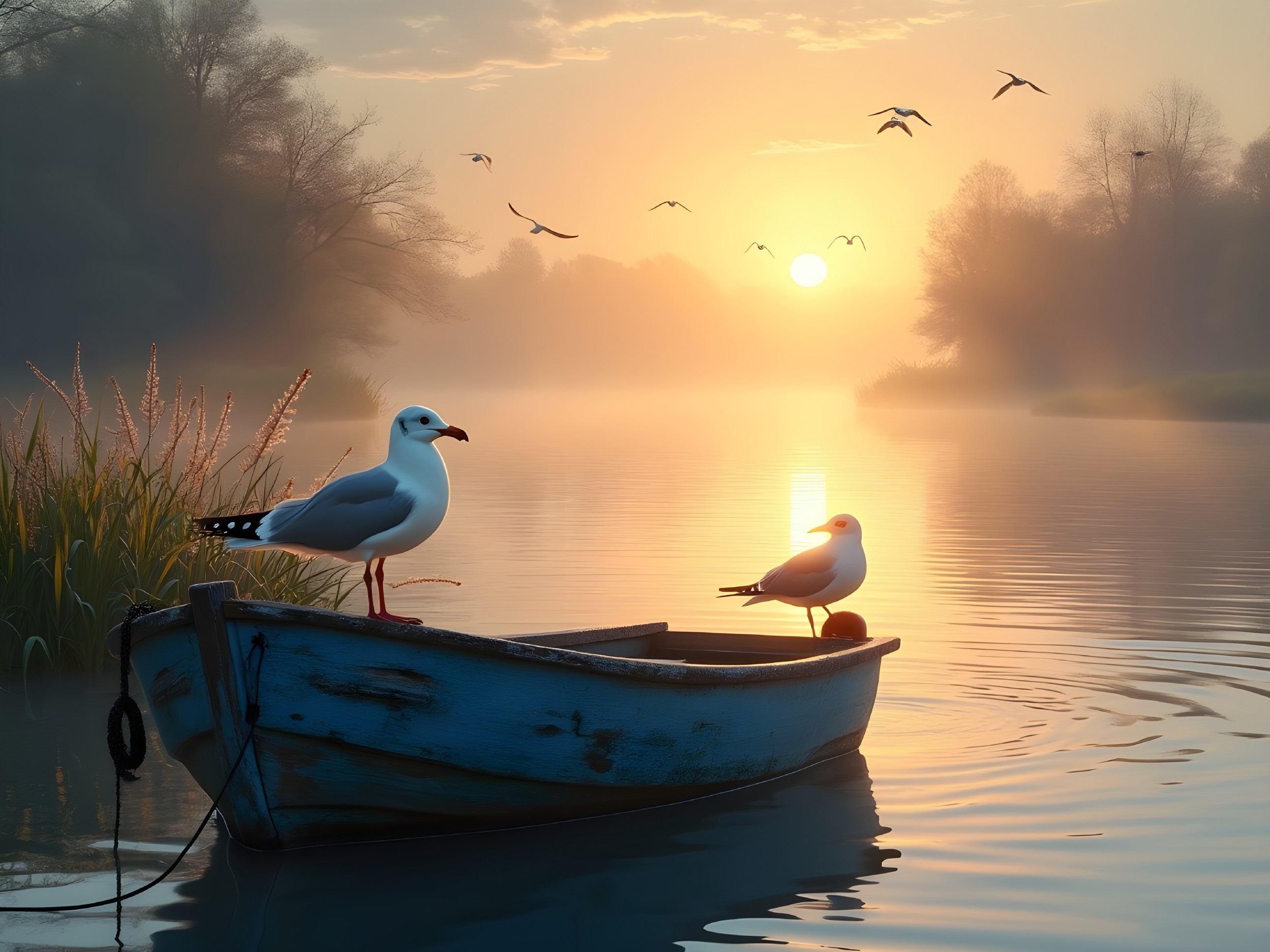 Serene Sunrise Over Misty Lake with Seagulls and Reeds