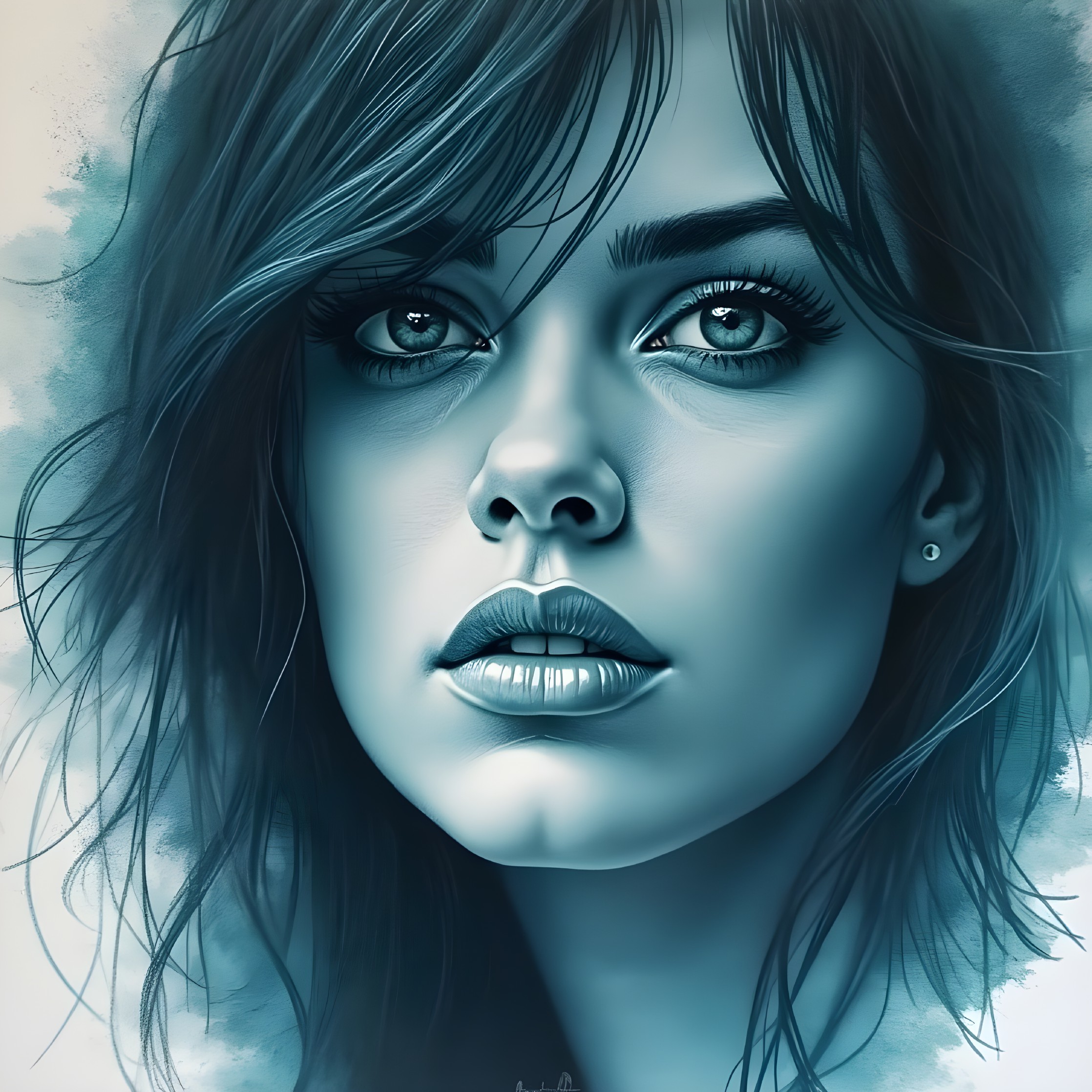 Portrait of a Woman with Blue Tones and Expressive Eyes