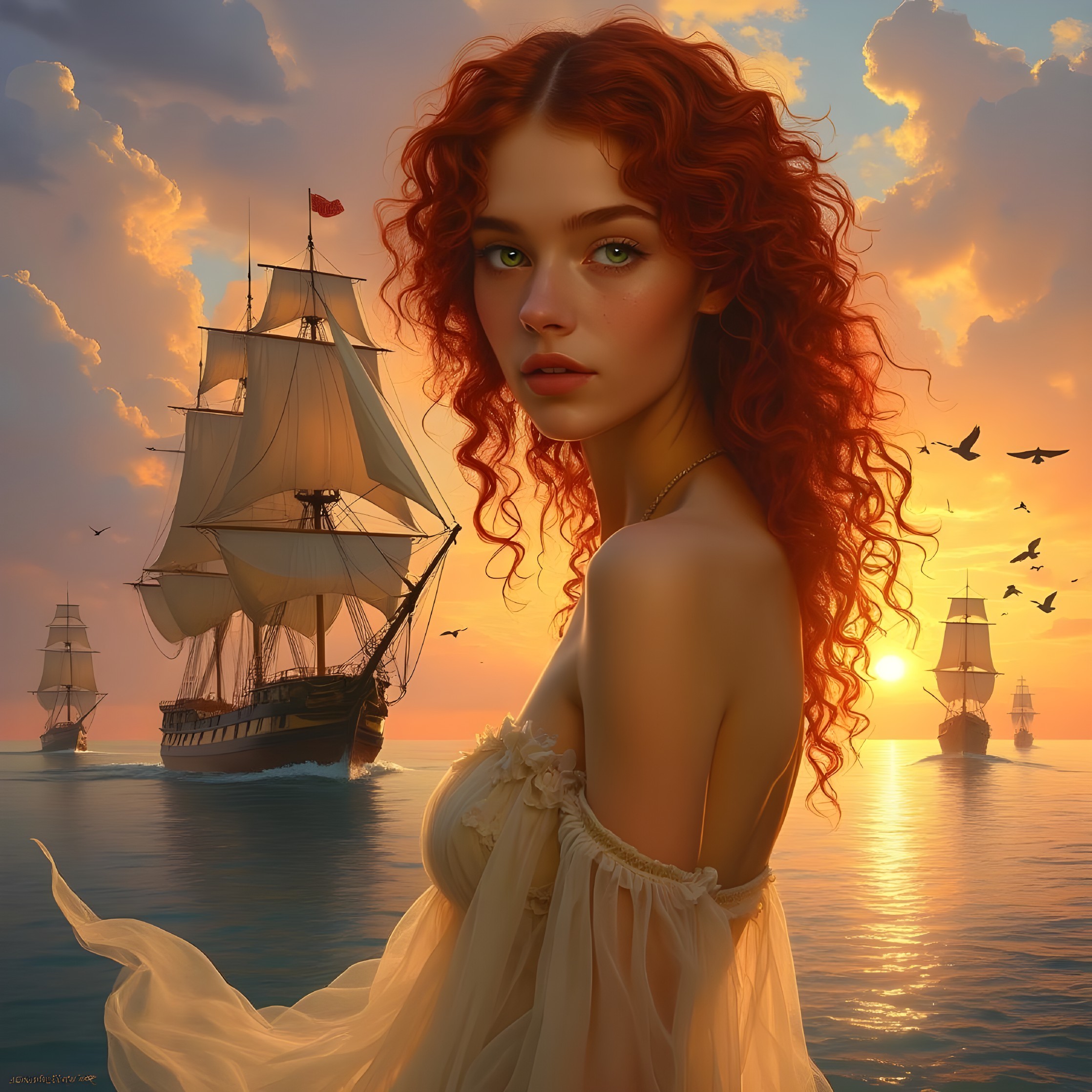 Dreamy Seascape with Woman and Sailing Ships