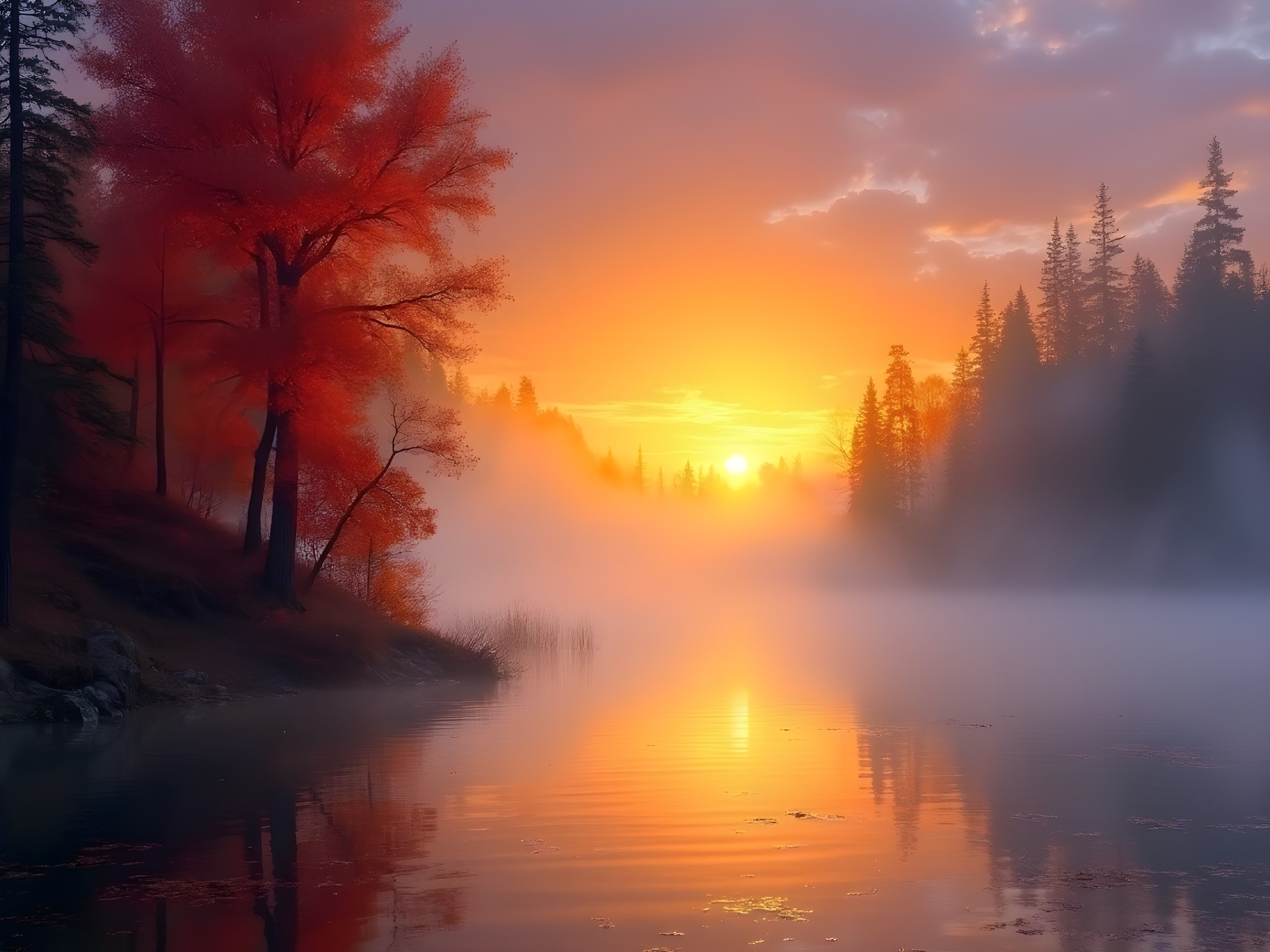 Serene Sunrise Landscape with Vibrant Lake Reflections