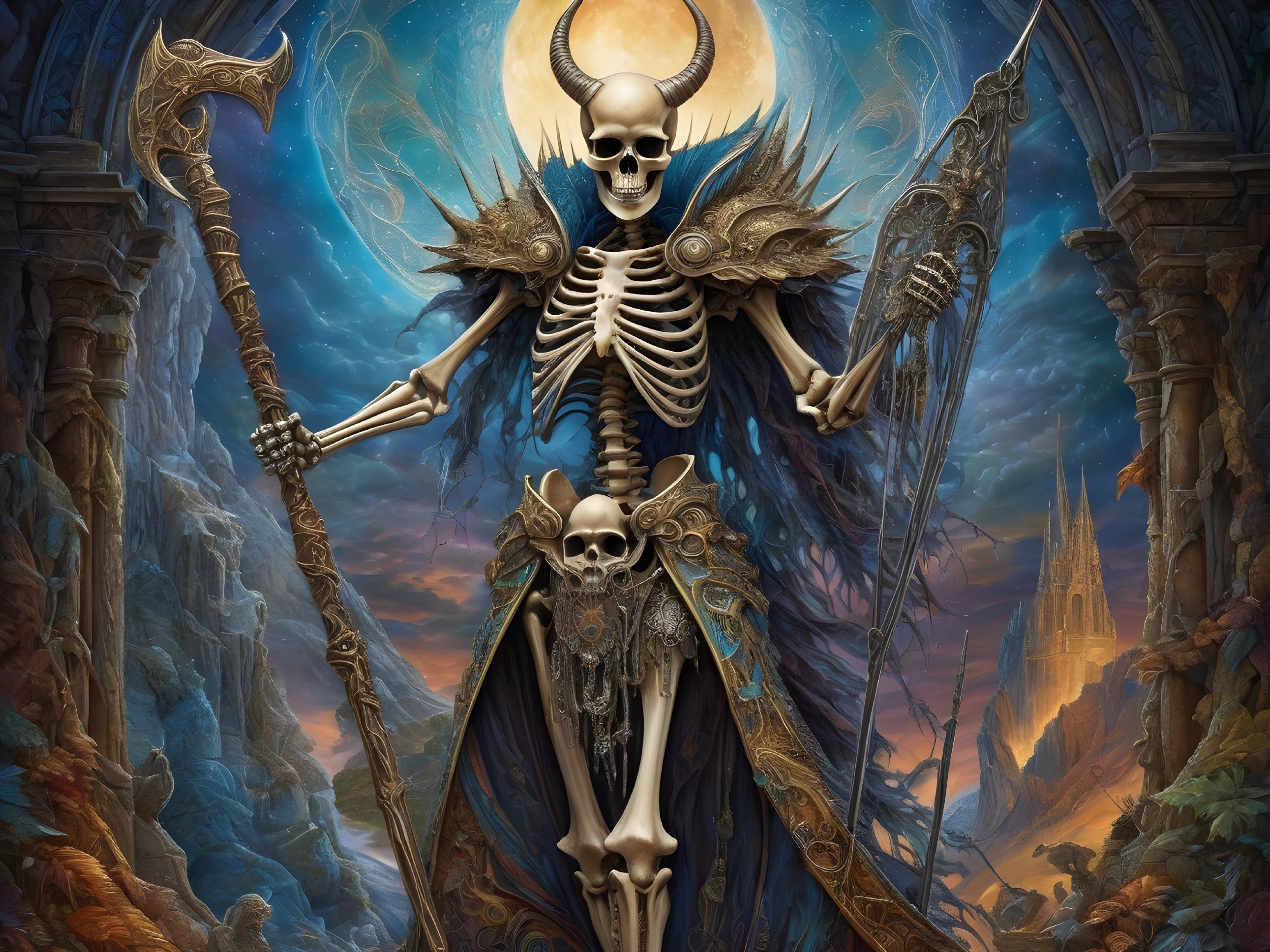 Skeletal Figure in Ornate Armor Against Mystical Landscape