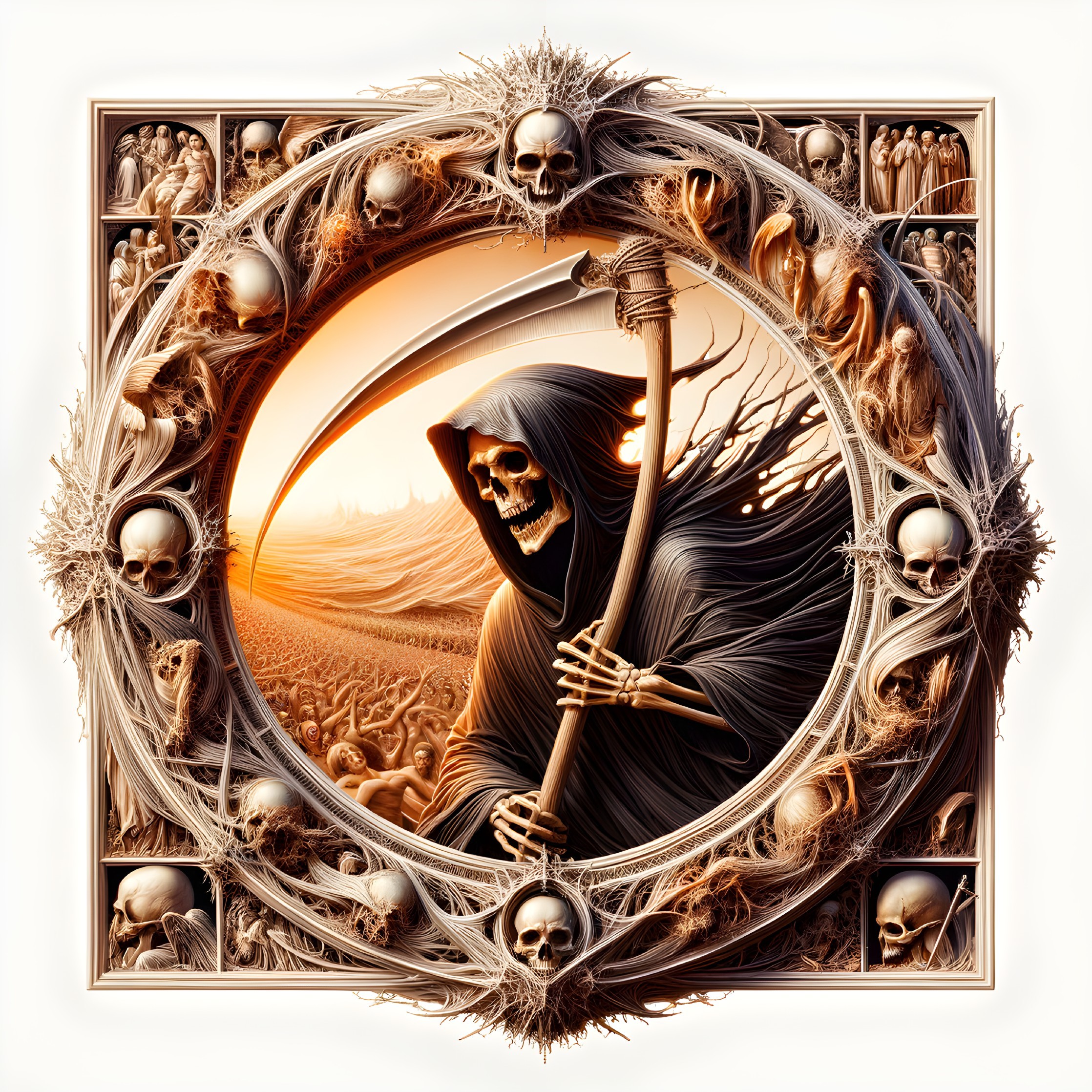 Grim Reaper Surrounded by Skulls and Ominous Landscape