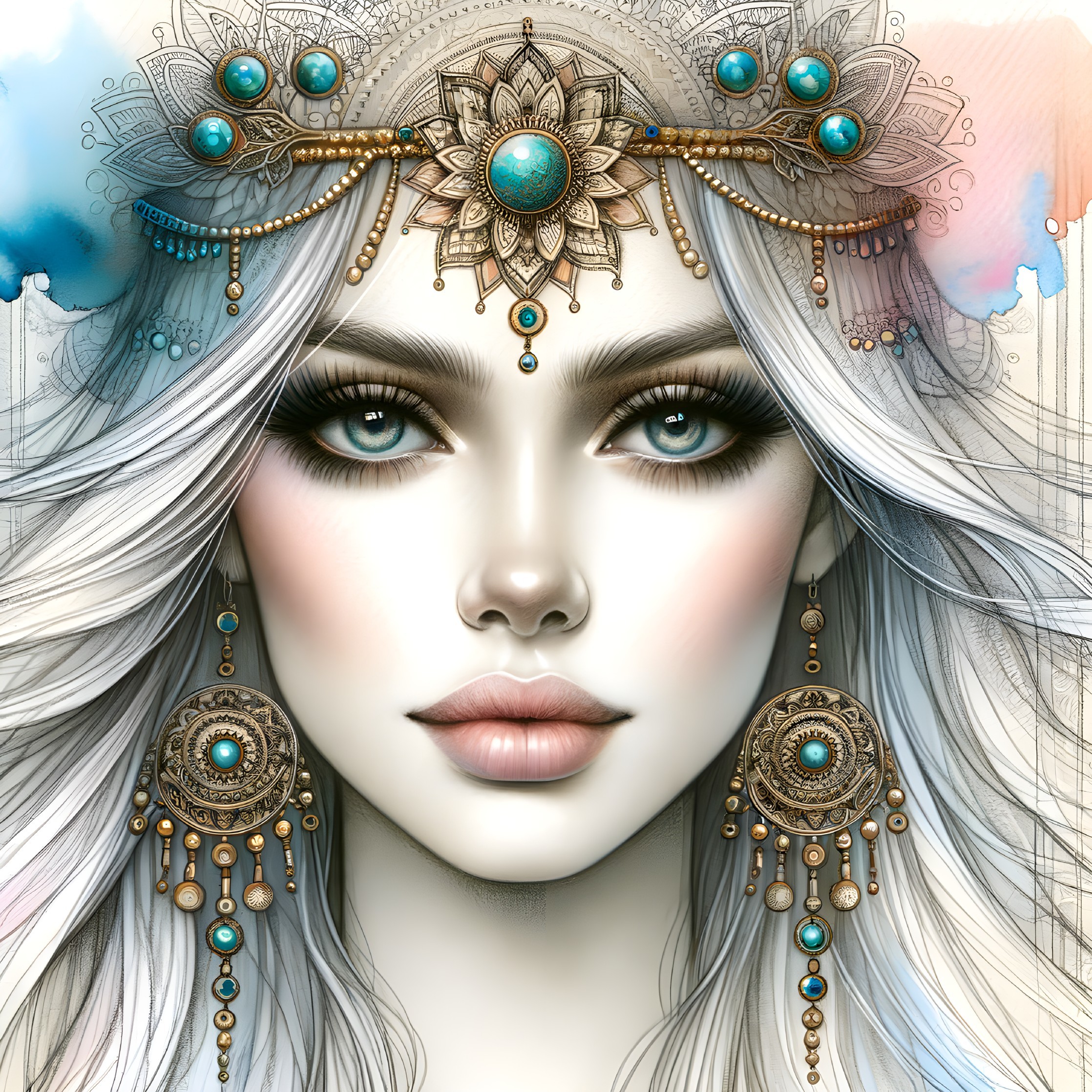 Portrait of a woman with flowing hair and turquoise headpiece