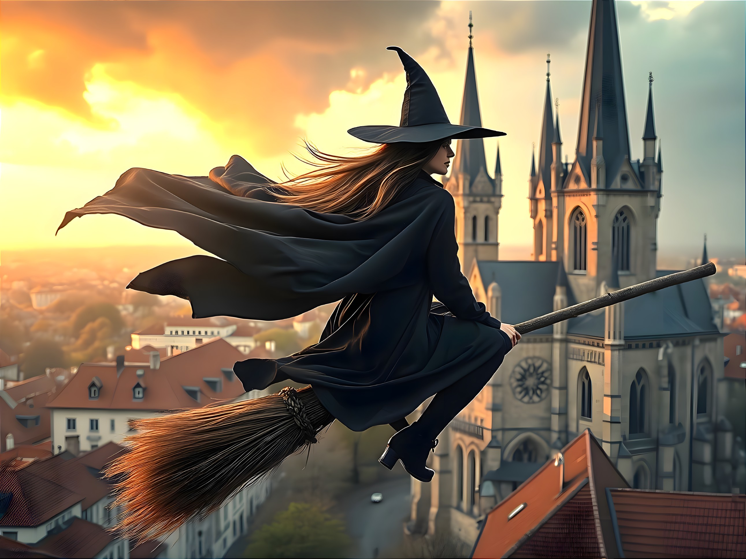 Witch Silhouette Flying Over Gothic Landscape at Sunset