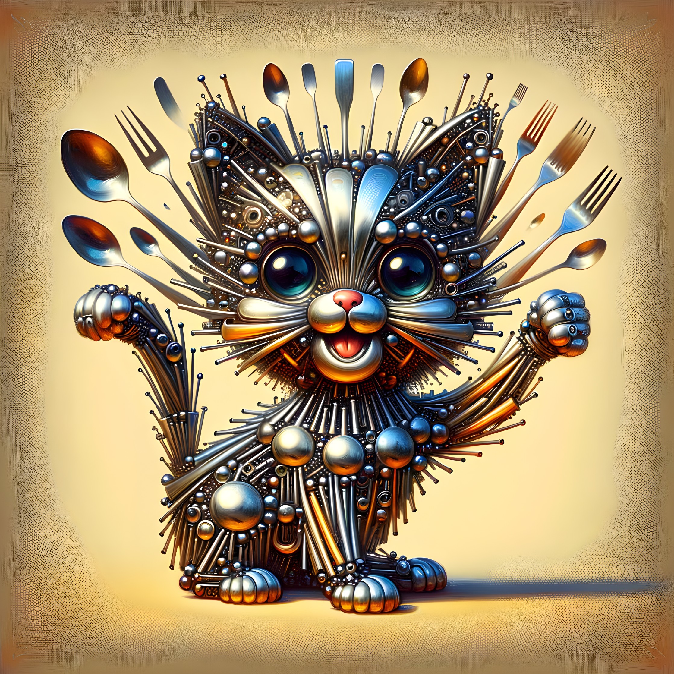 Whimsical Cat Sculpture Made from Metallic Utensils